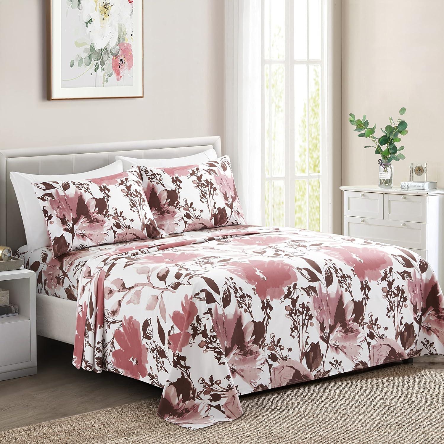 Queen Pink Floral Polyester Bamboo Deep Pocket Sheet Set