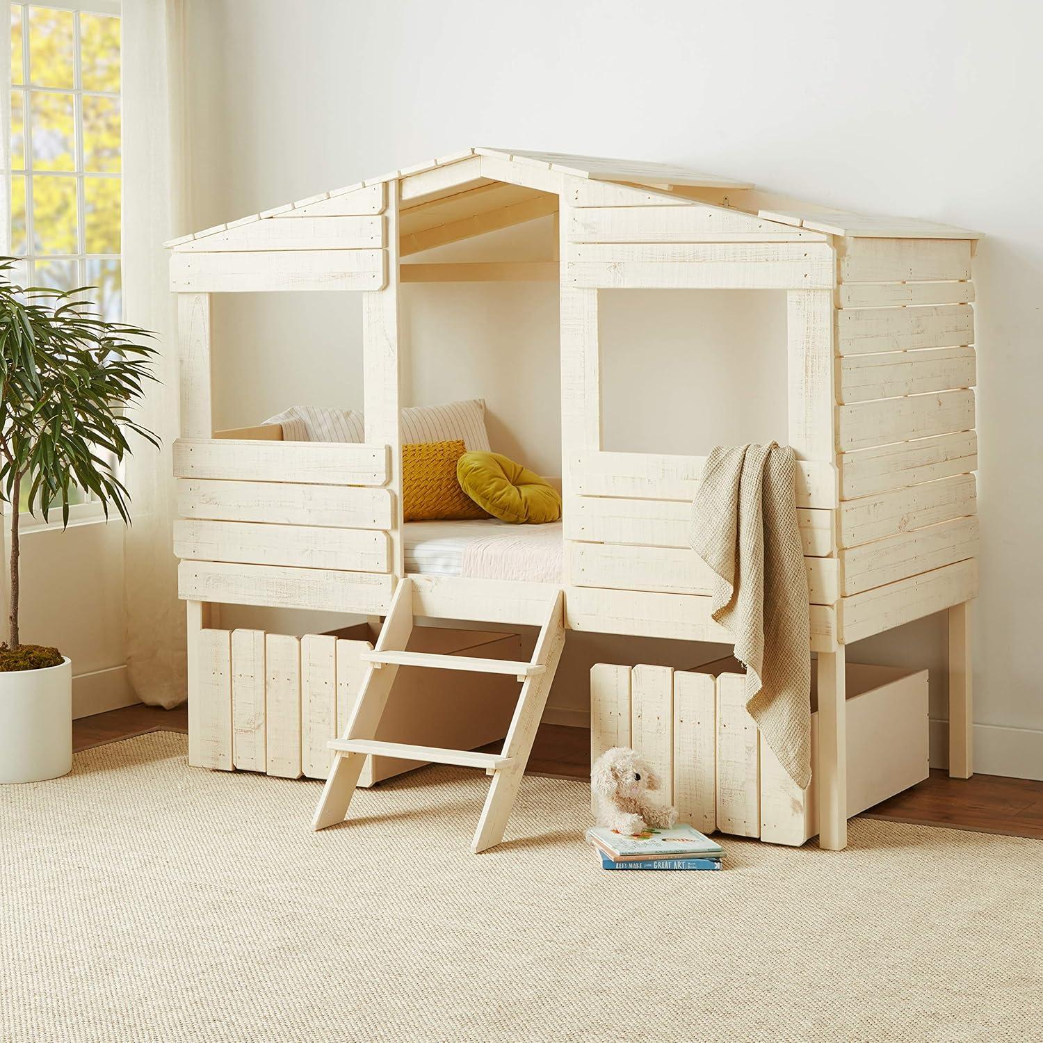 Rustic Sand Twin Pine Loft Bed with Storage Drawers