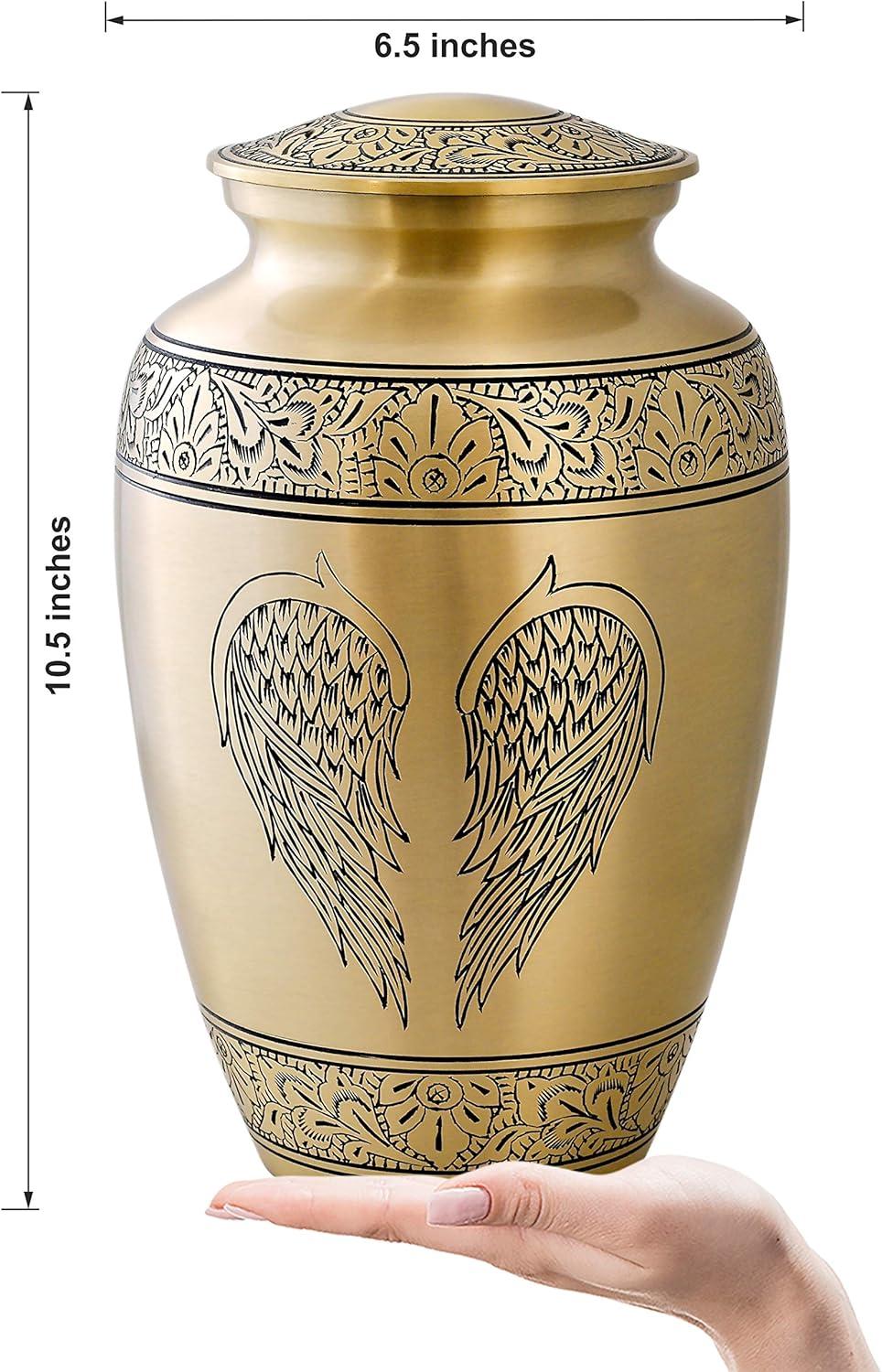 Cremation Urn for Human Ashes with Satin Bag, for Adults up to 200 lbs | Large Handcrafted Funeral Urns by Divit Shilp (Golden Angel Wings, Adult)