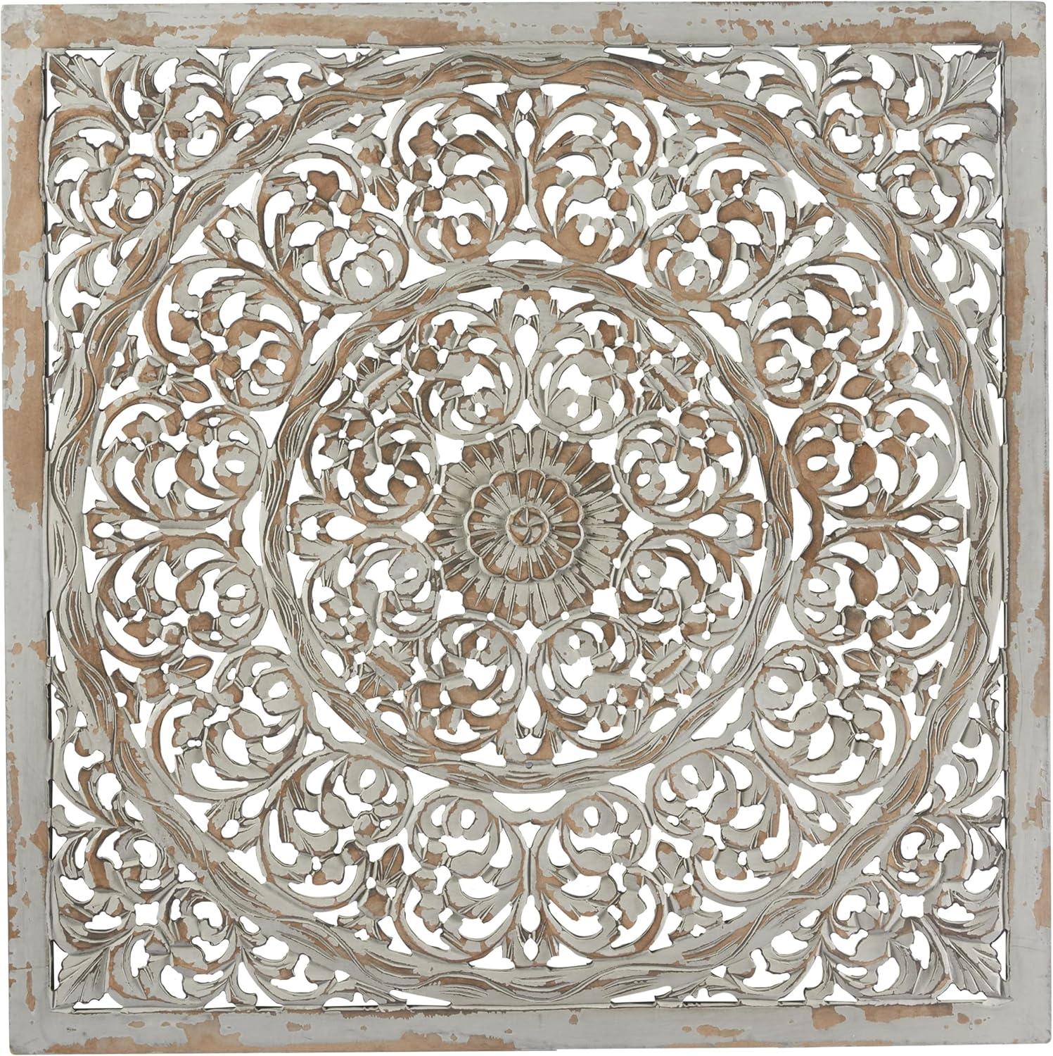 Brown and White Hand-Carved Floral Wood Wall Art, 36"