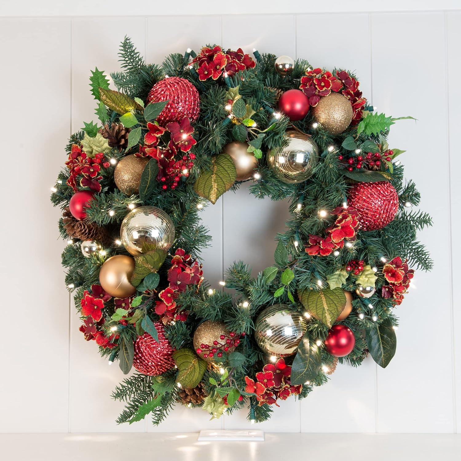 30-Inch Red and Gold Pre-Lit Christmas Wreath with Hydrangeas