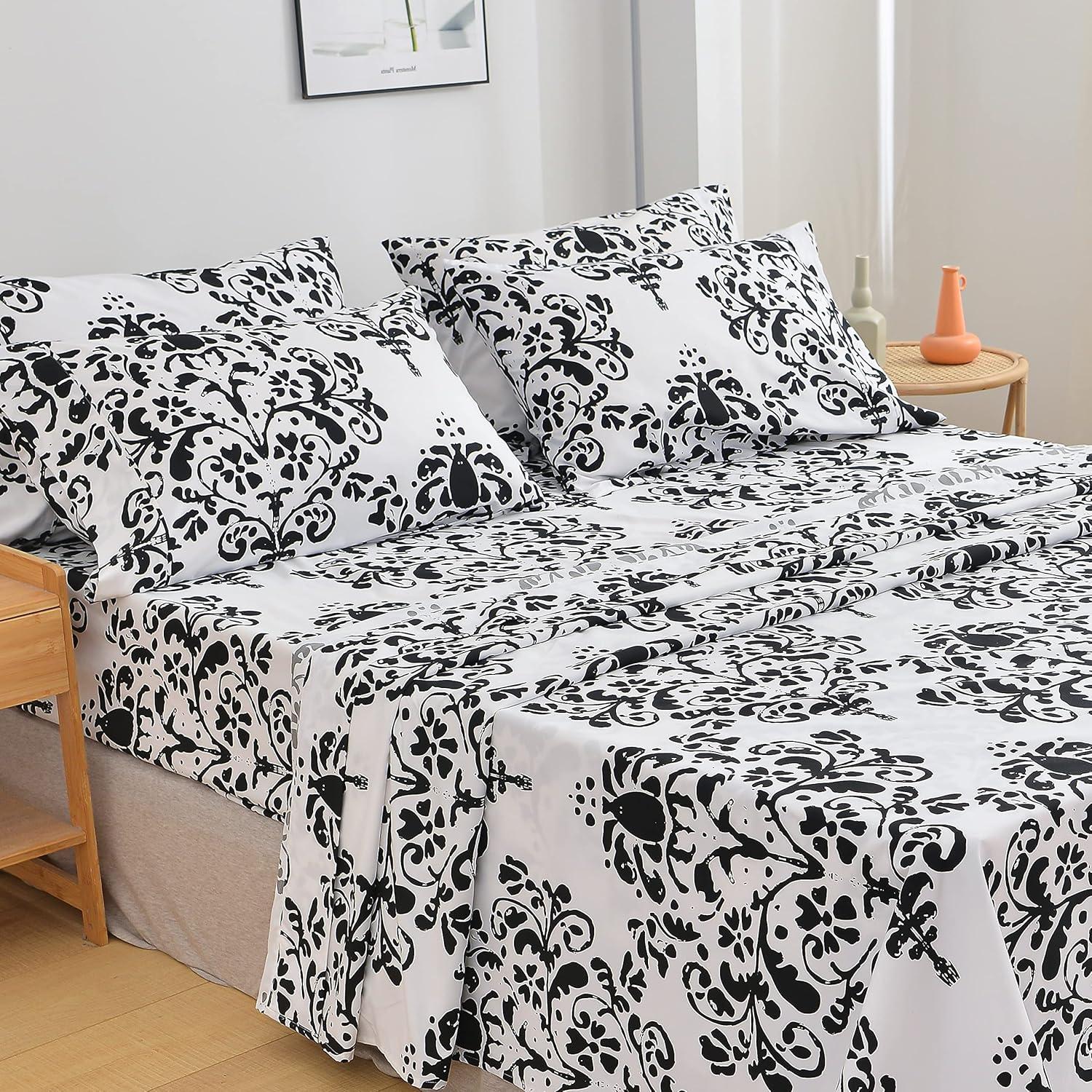 Queen Black and White Damask Microfiber Sheet Set