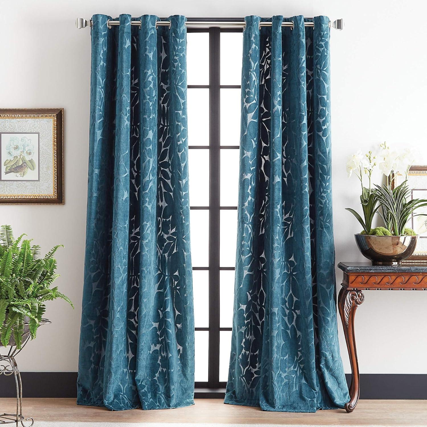 Teal Velvet Floral Print Grommet Curtain Panel Pair