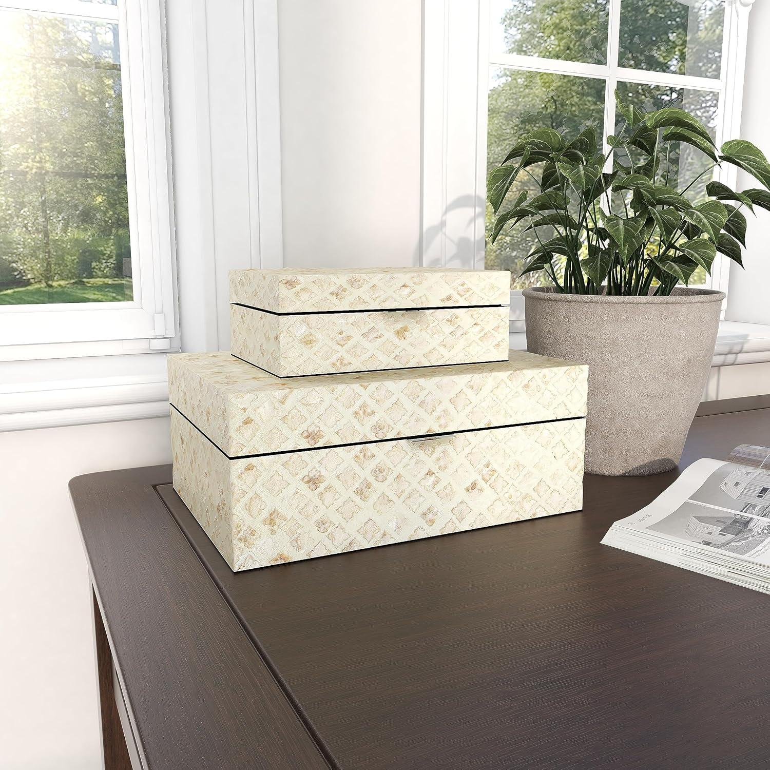 Set of 2 Shell Inlaid Wooden Boxes Natural - Olivia & May: Coastal Style Storage with Felt Stoppers