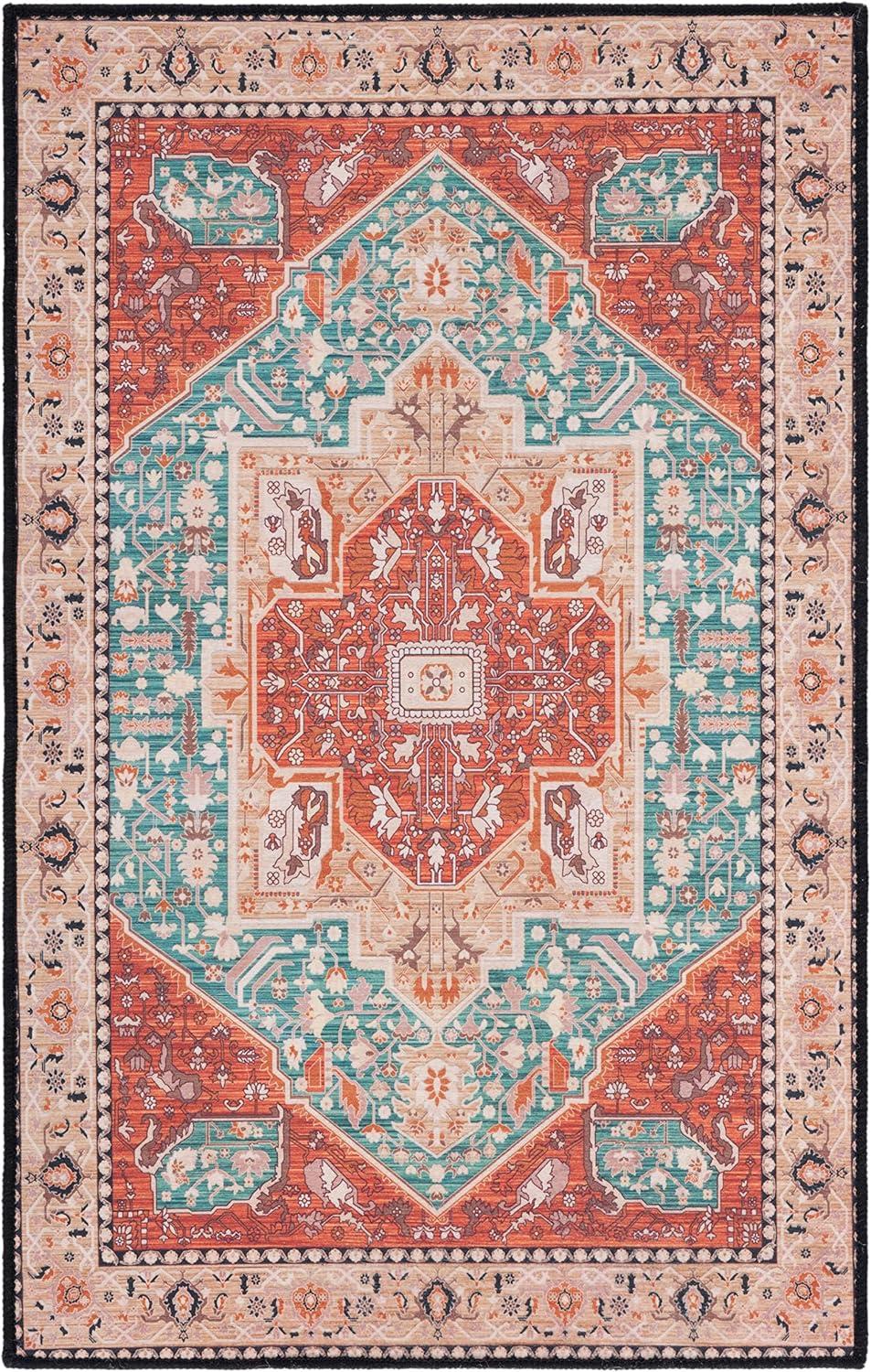 Tucson Aqua and Rust 3' x 5' Machine Washable Area Rug