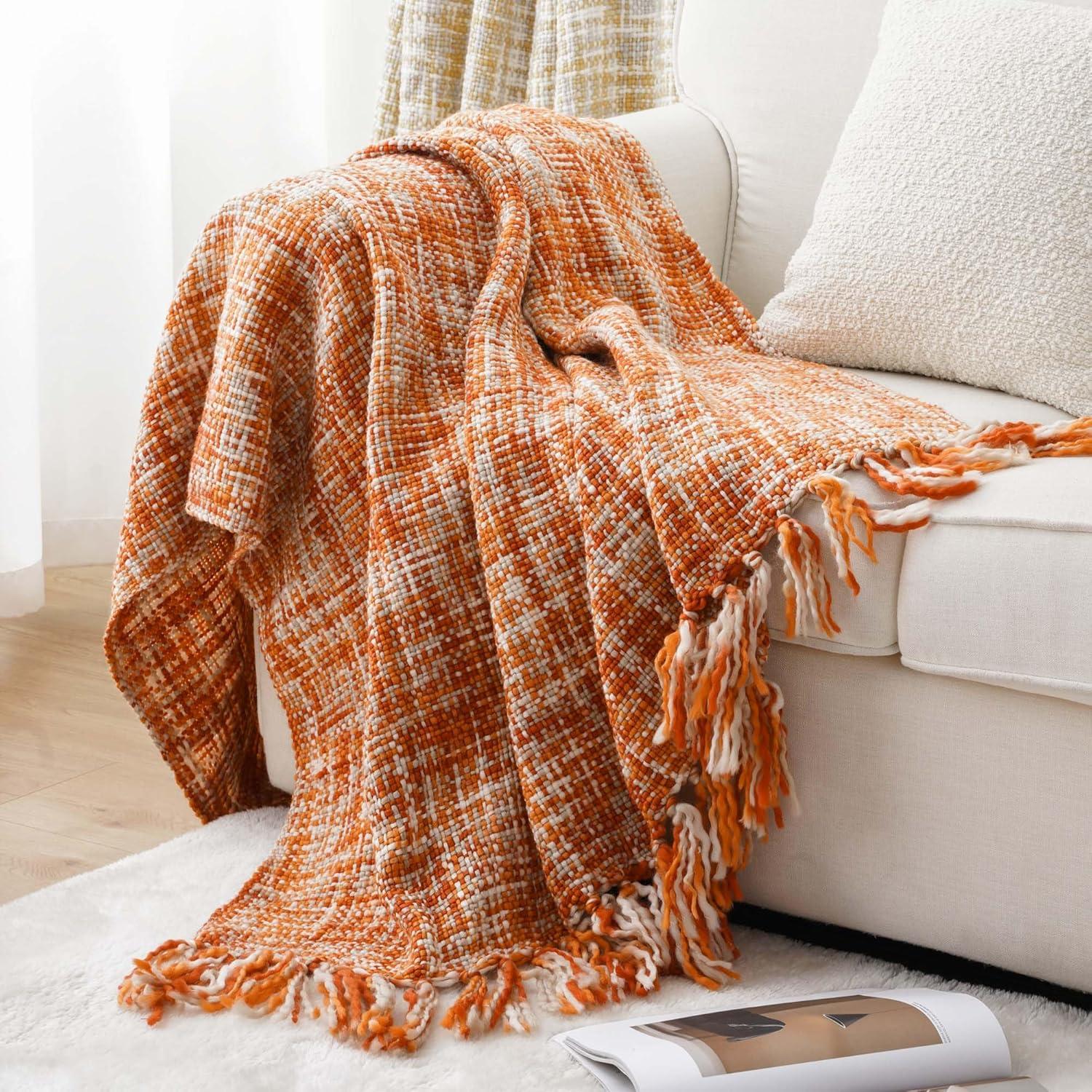 Orange Ochre Knitted Acrylic Throw Blanket with Fringes, 50"x60"