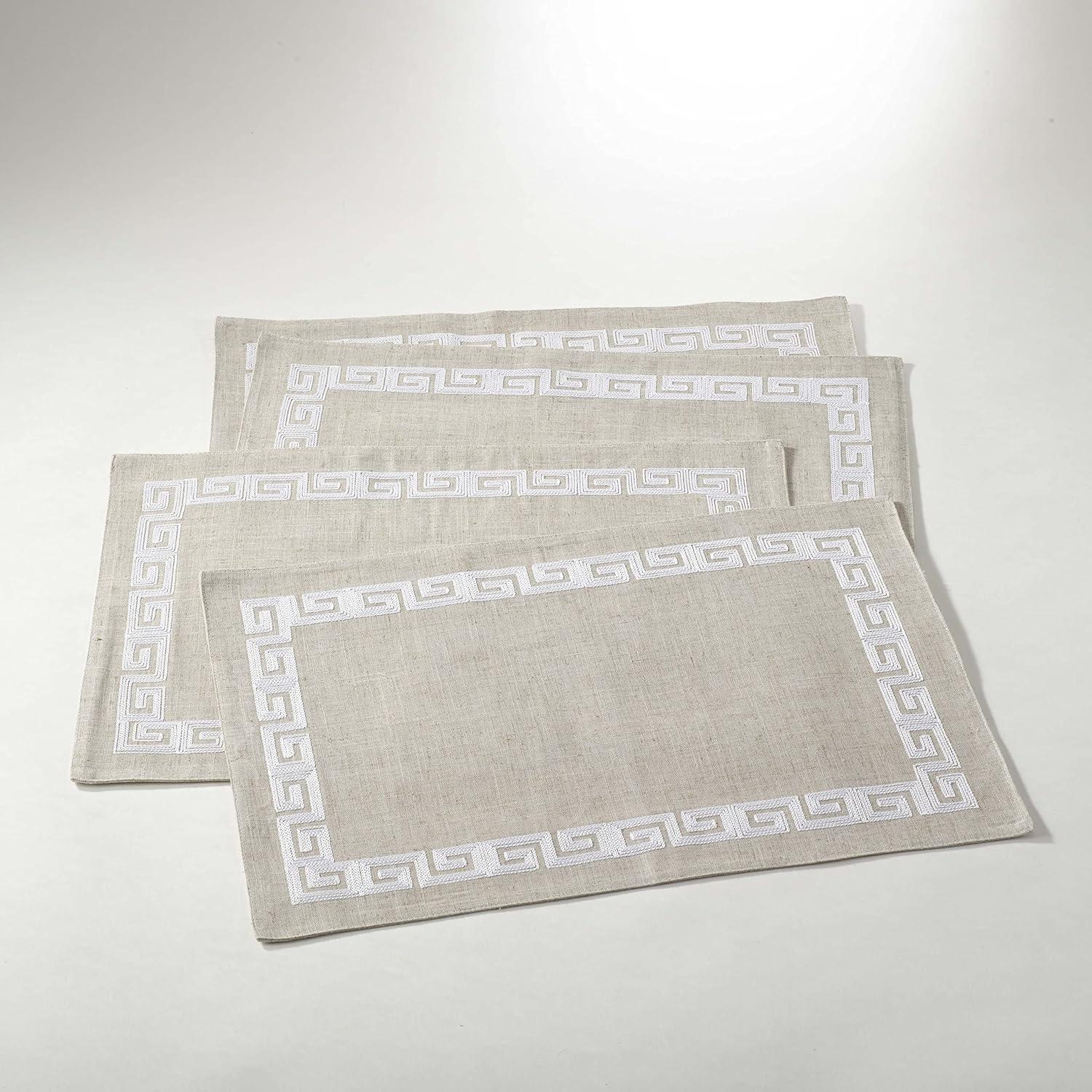 White Stitched Greek Key Design Fabric Placemats, Set of 4