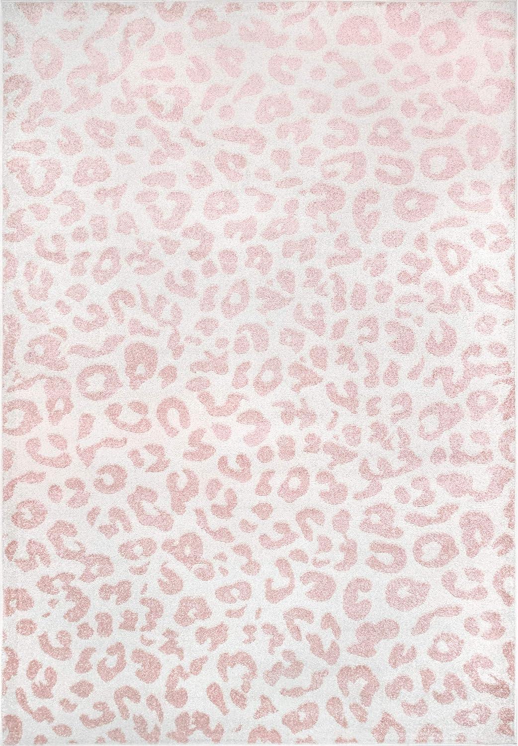 Reversible Baby Pink Leopard Print Synthetic Rug, 5' x 7'