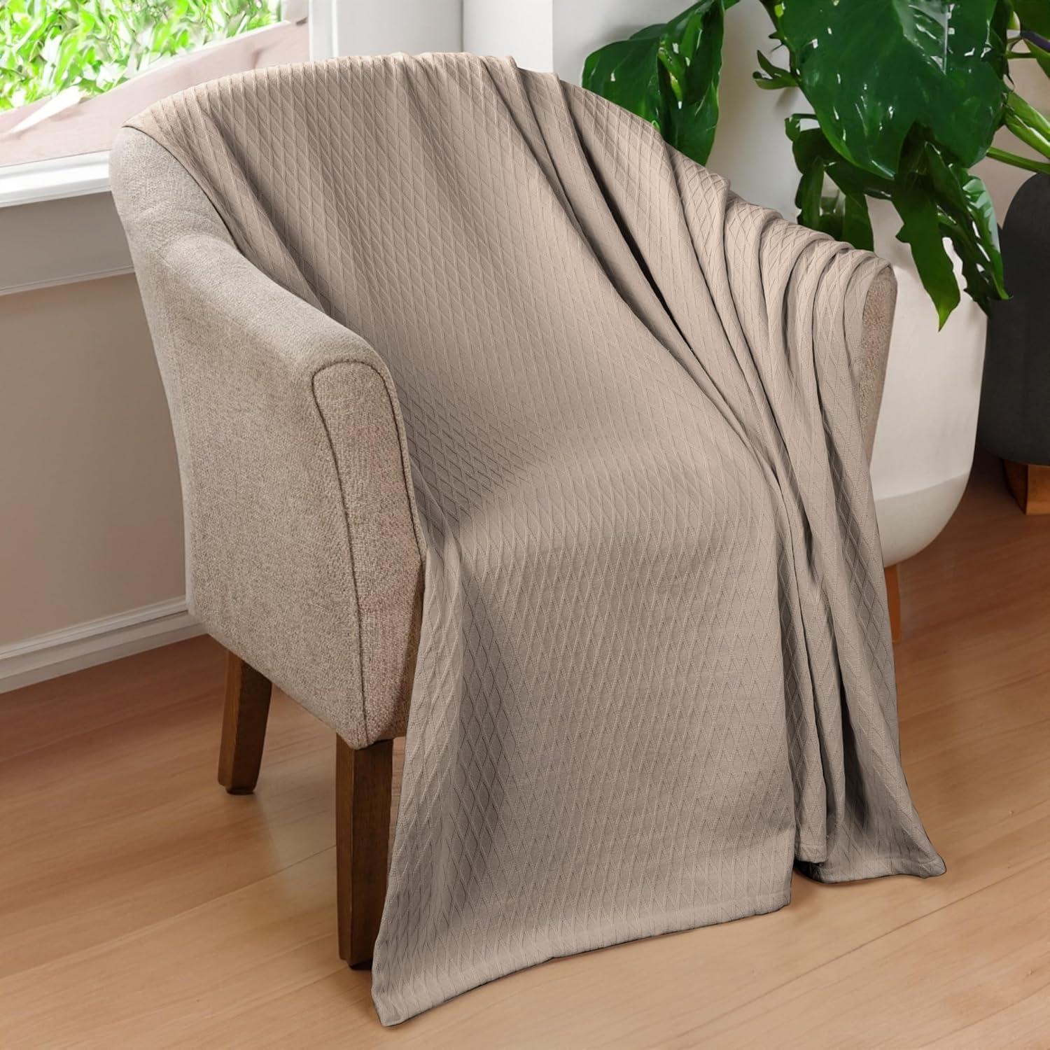 Superior Dobbyweave Knit Cotton Blanket, All Season Breathable Bed Blanket Throw Size, Khaki