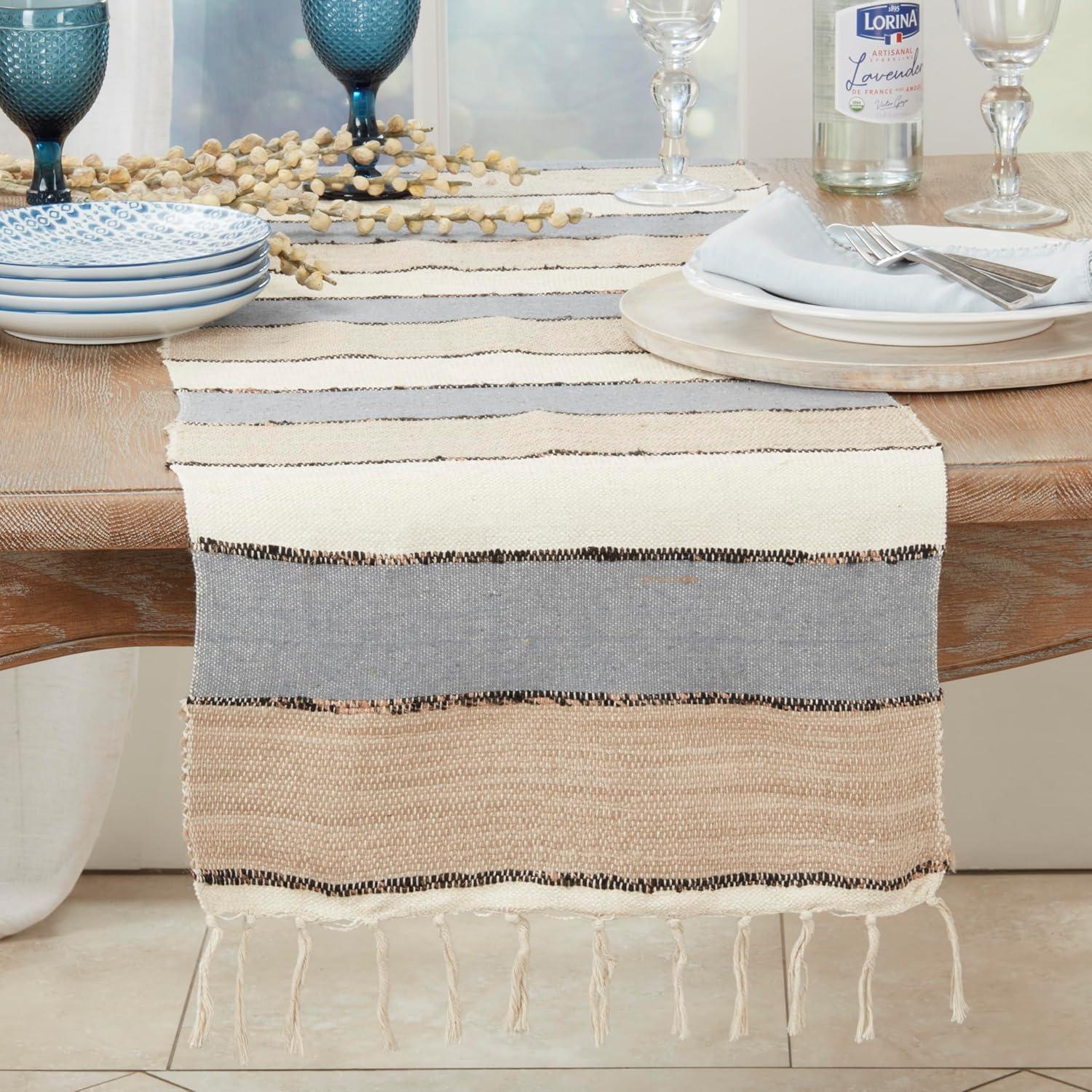 Saro Lifestyle Boho Chic Fringed Stripe Table Runner, Blue, 16"x72"