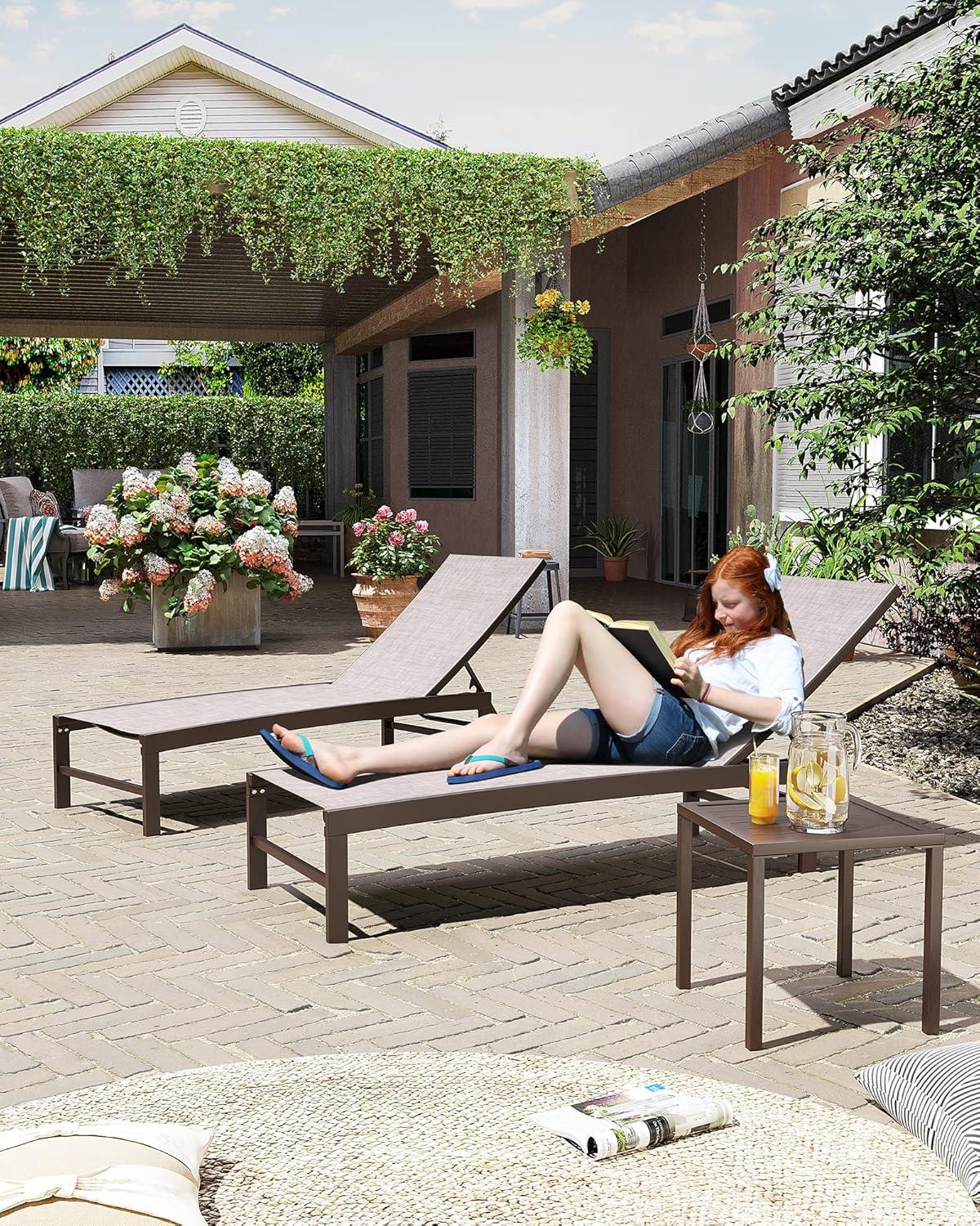 3pc Outdoor Five Position Adjustable Curved Aluminum Lounge Set Brown - Crestlive Products: Weather-Resistant Patio Furniture Set with Side Table
