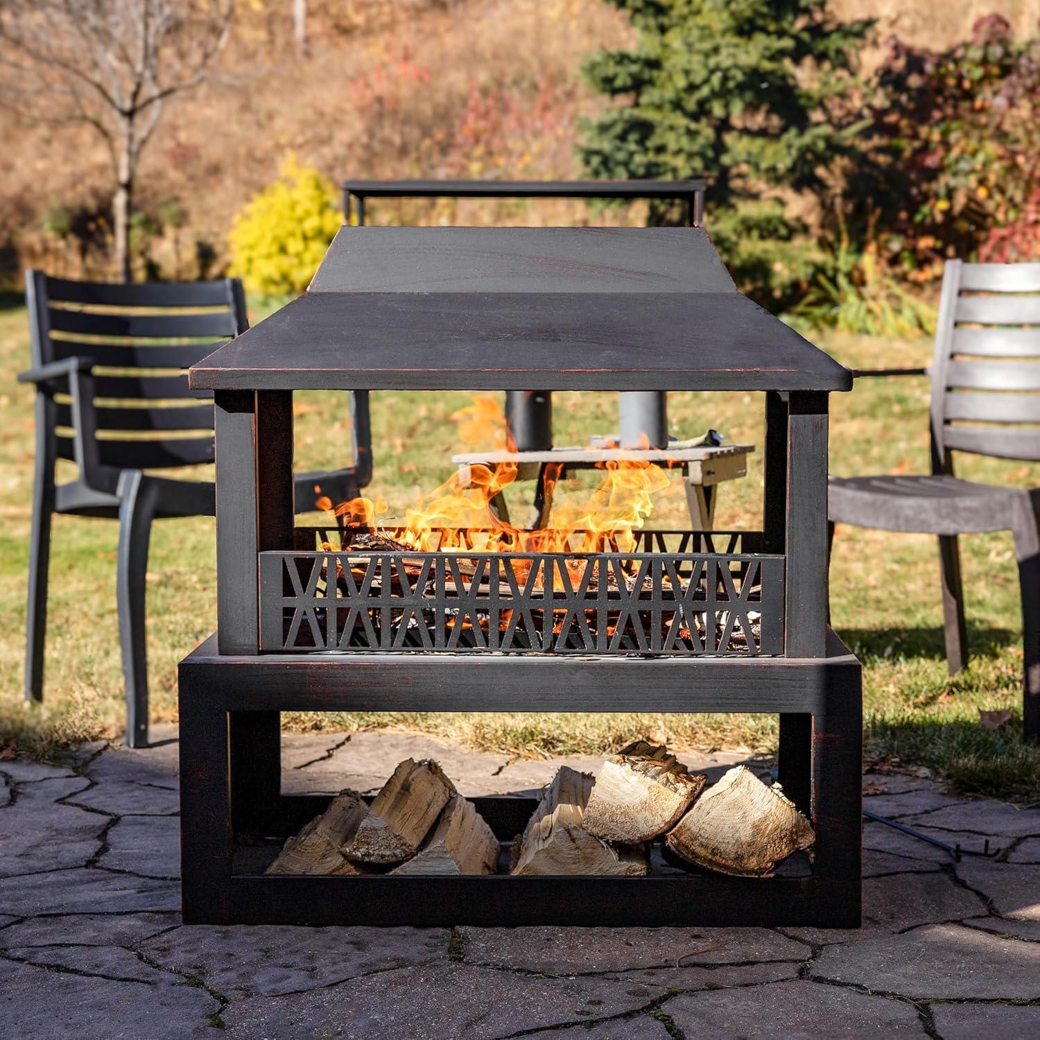 Lark Manor™ Courter 29" Rectangle Bronze Finish Steel Outdoor Fireplace with Log Storage