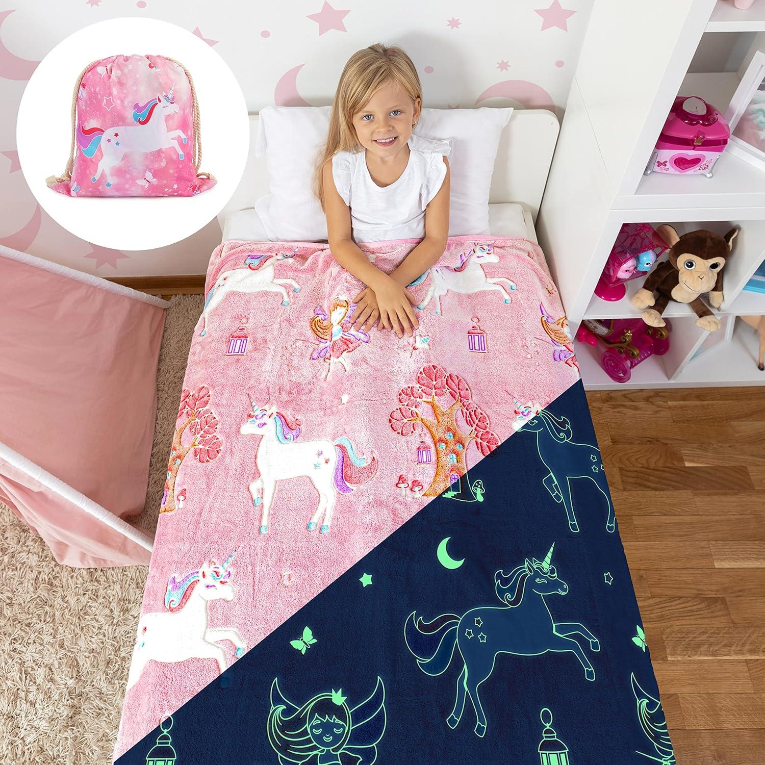 Glow in The Dark Unicorn Blanket for Girls – Soft Pink Fleece Throw. Great Christmas, Birthday, Baby, Toddler Unicorn Gifts! Premium Fuzzy Blanket with Fairy, Butterfly, Stars. Bright Long-Last Glow