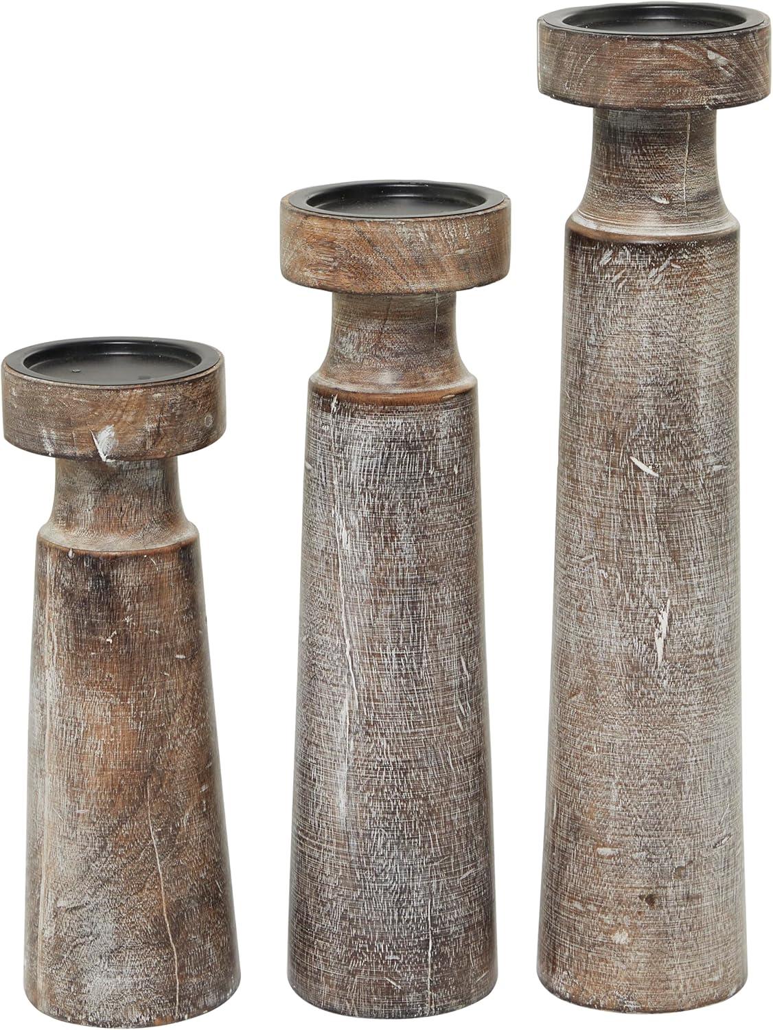 Olivia & May Set of 3 Rustic Cylindrical Mango Wood Candle Holders Brown: Modern Decor, Fits Pillar Candles