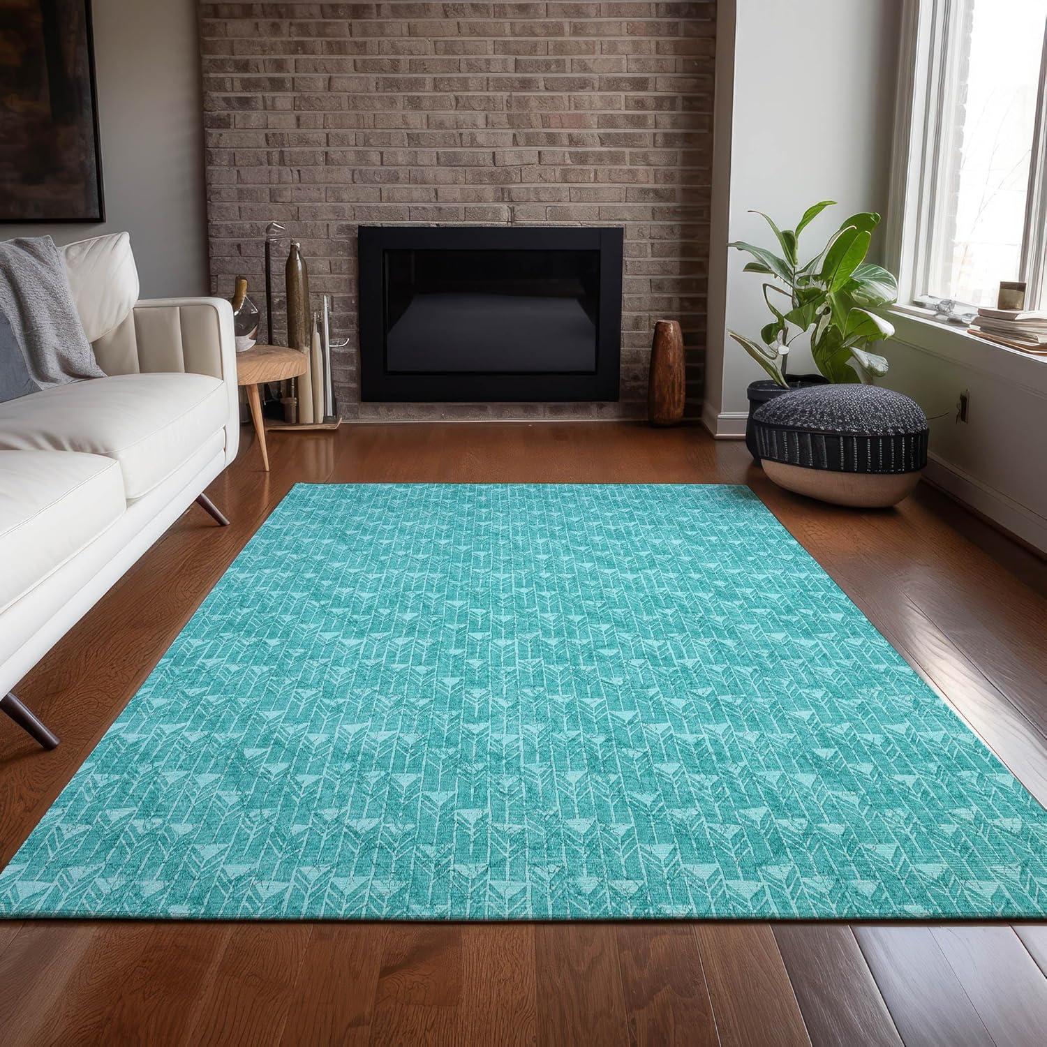 Teal Geometric Pattern Washable Synthetic Area Rug 3' x 5'