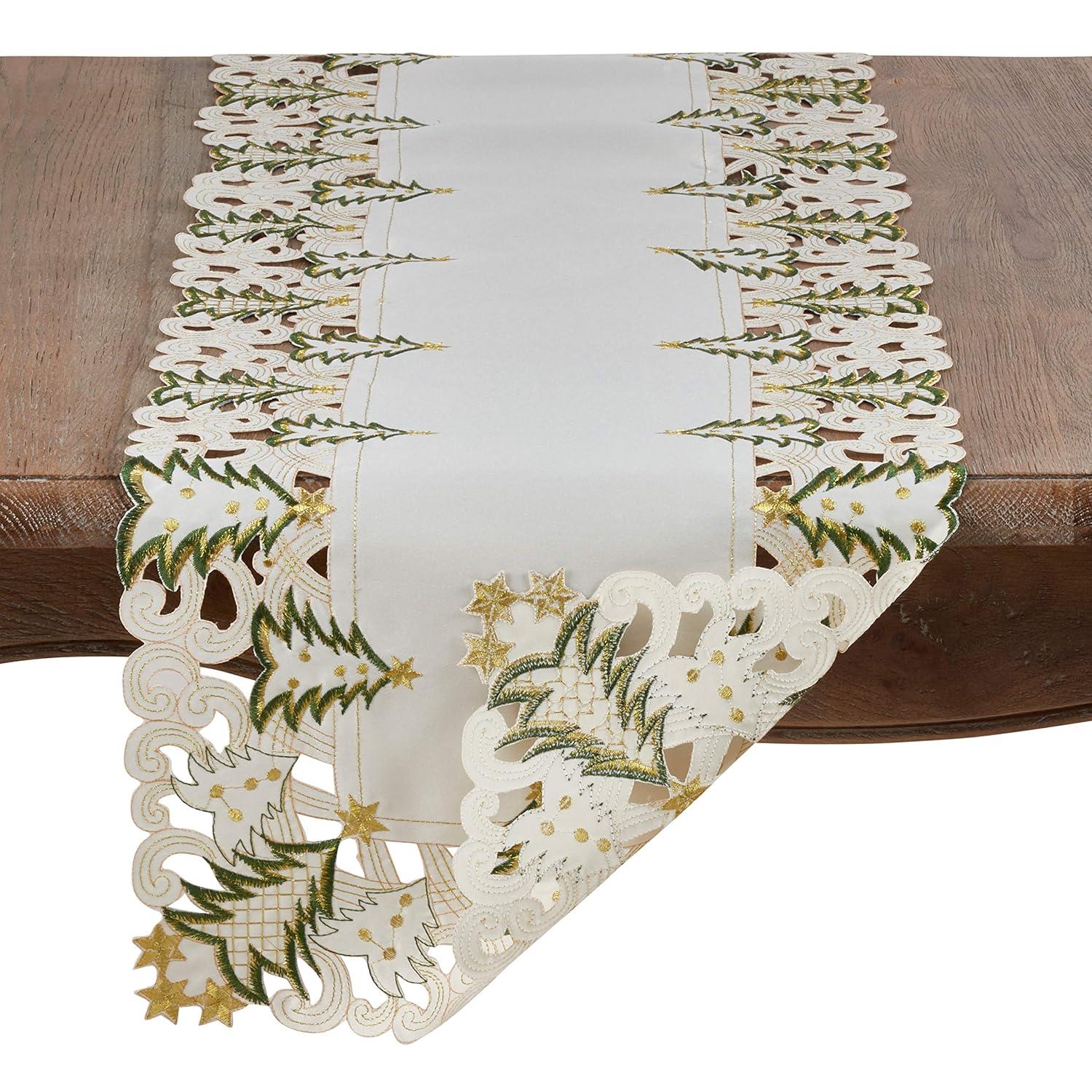 Saro Lifestyle Nostalgic Holiday Christmas Tree Table Runner, Ivory, 16" x 68"