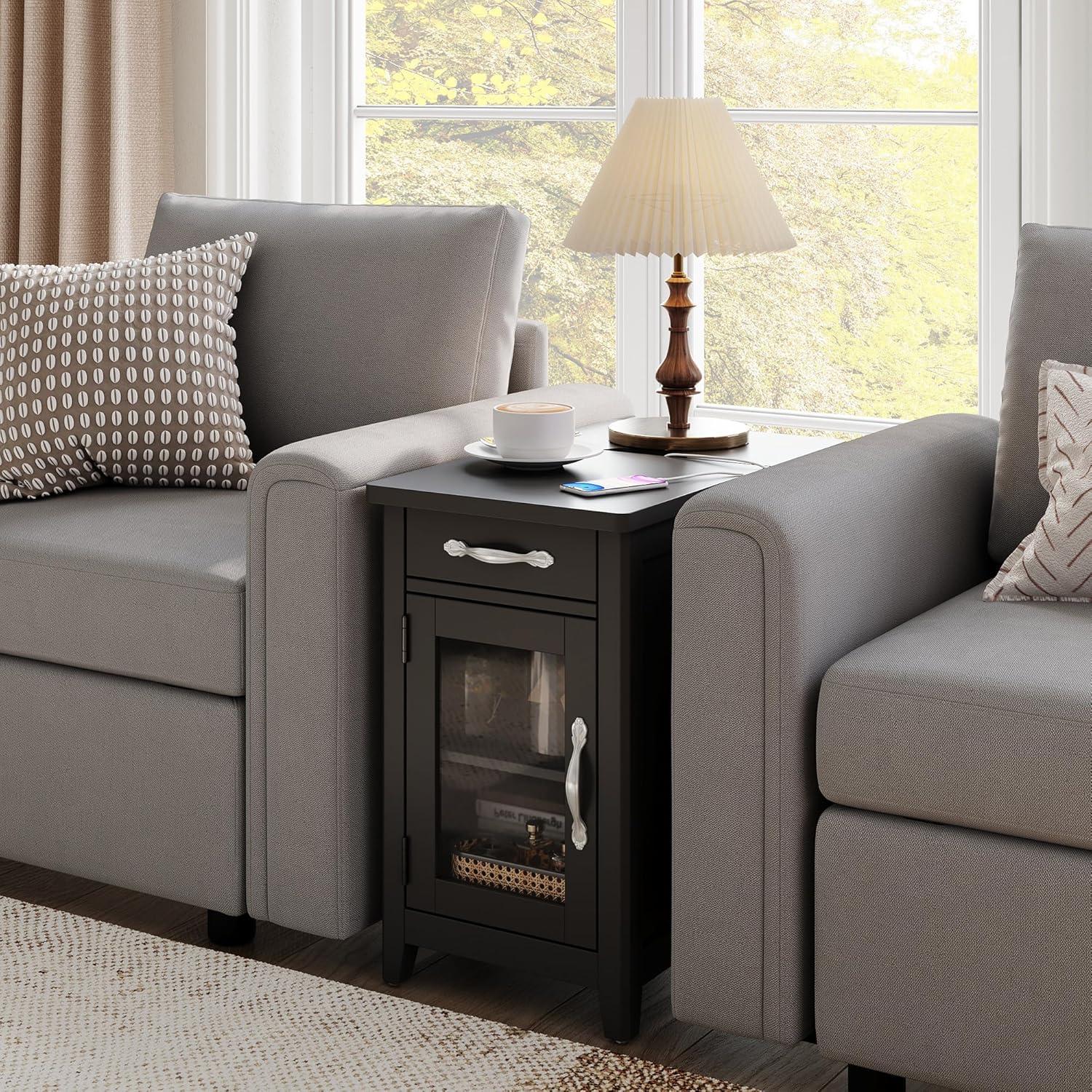 Black Wood End Table with Glass Door and Charging Station