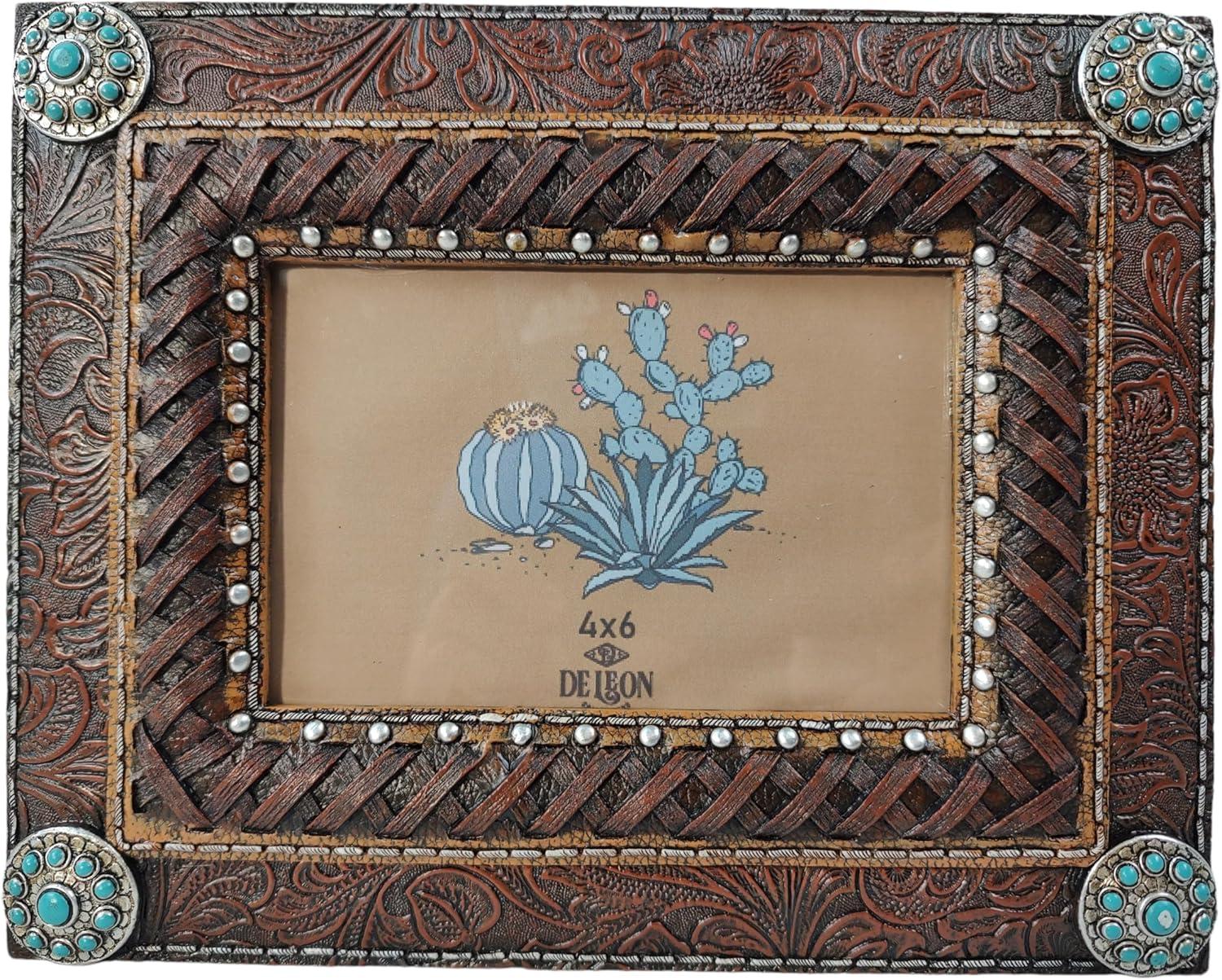 Bungalow Rose Rynisha Faux Tooled Leather Western Rustic Turquoise Concho 6” x 4” Standing Photo Picture Frame
