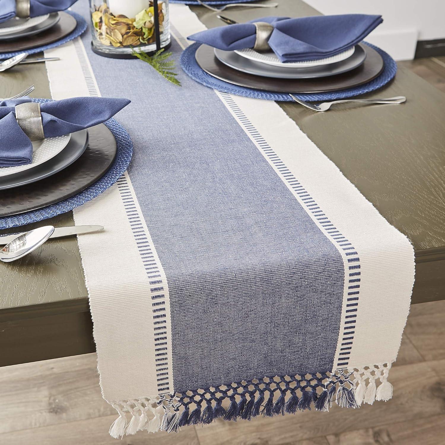 DII 13x72" Modern Cotton Dobby Stripe Table Runner in French Blue/Ivory