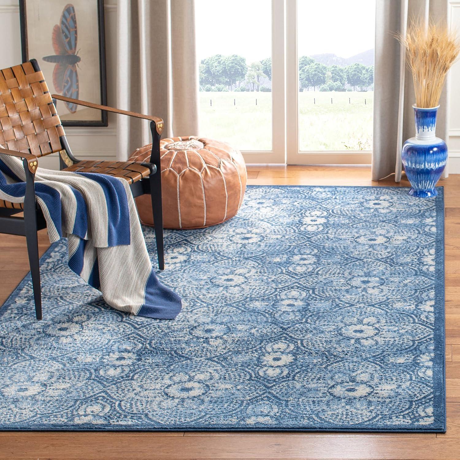 Hand-Knotted Serenity Square Rug in Navy & Cream - Wool & Silk Blend