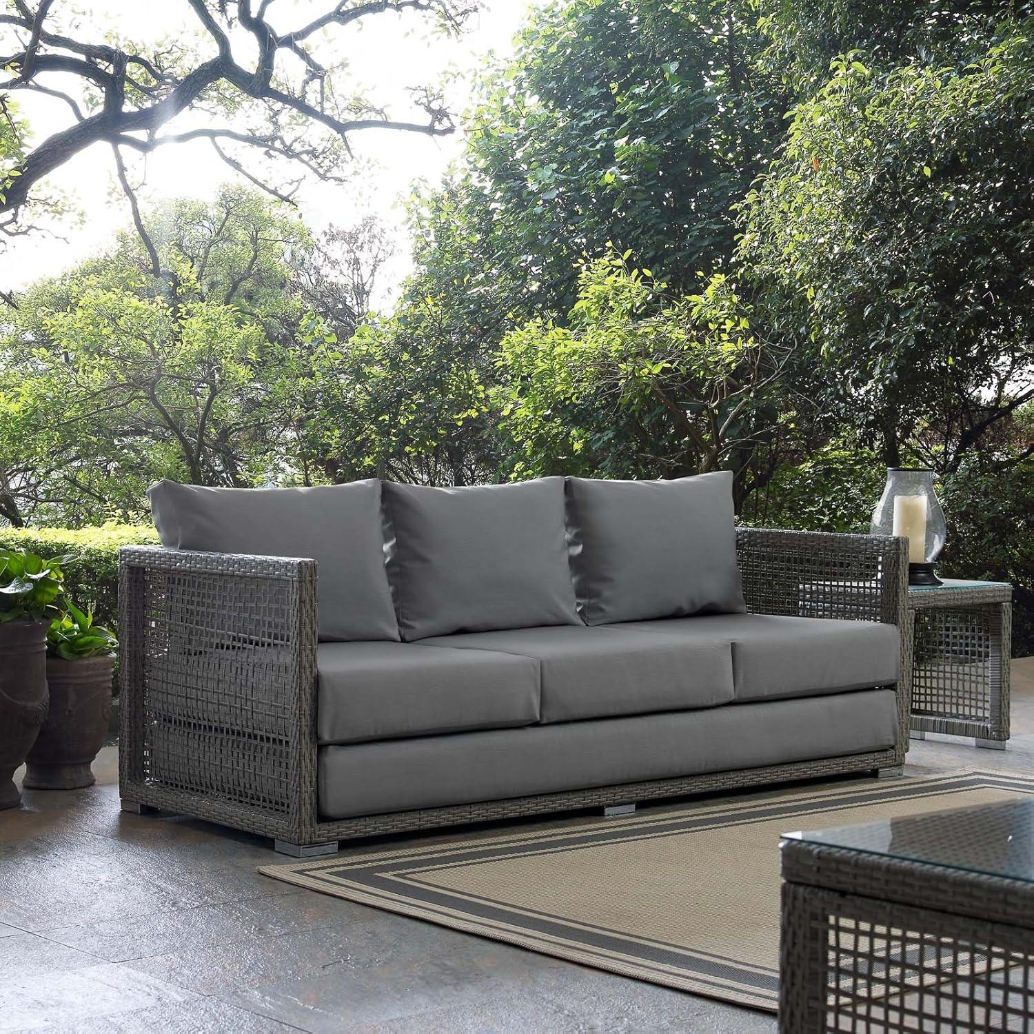 Modway Aura Modern Rattan & Fabric Outdoor Patio Sofa in Gray