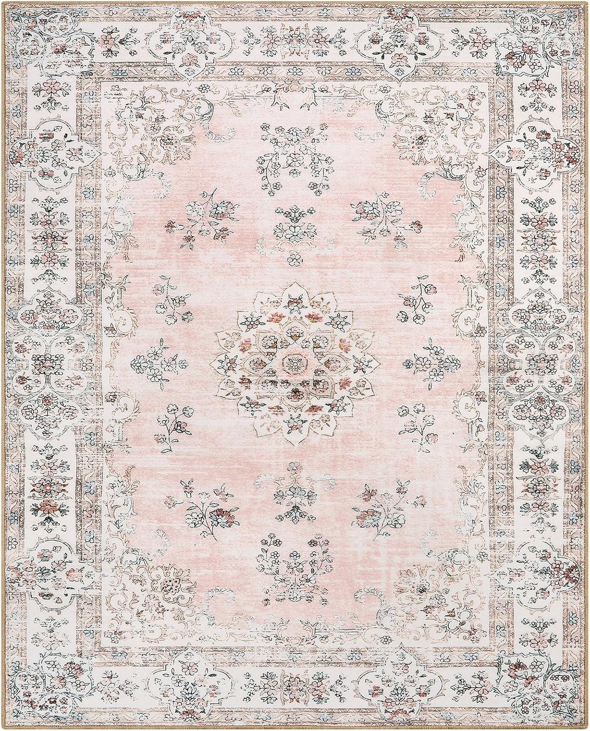 Hasoo Area Rug 5' x 7' Washable Modern Floral Rugs for Living Room Non-Slip Accent Carpet Pink