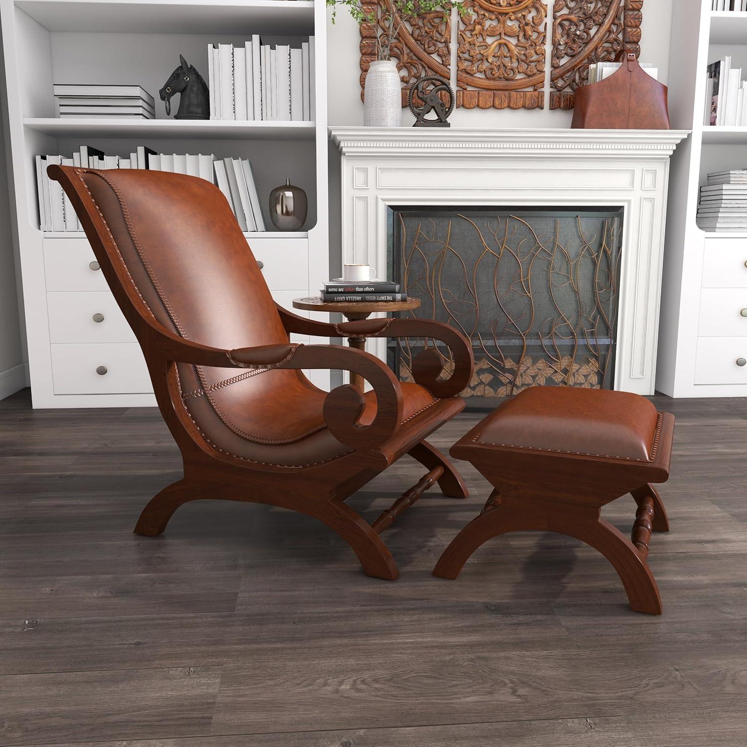 Handcrafted Brown Leather and Teak Wood Accent Chair with Ottoman