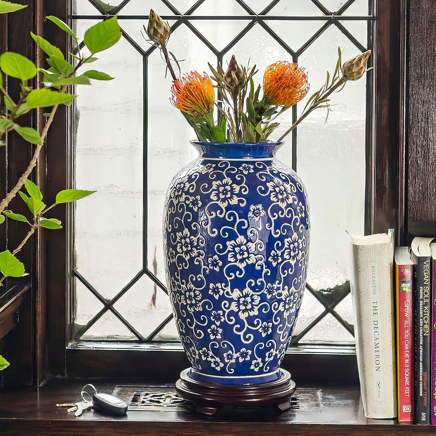 14" White Flowers on Blue Tung Chi Vase