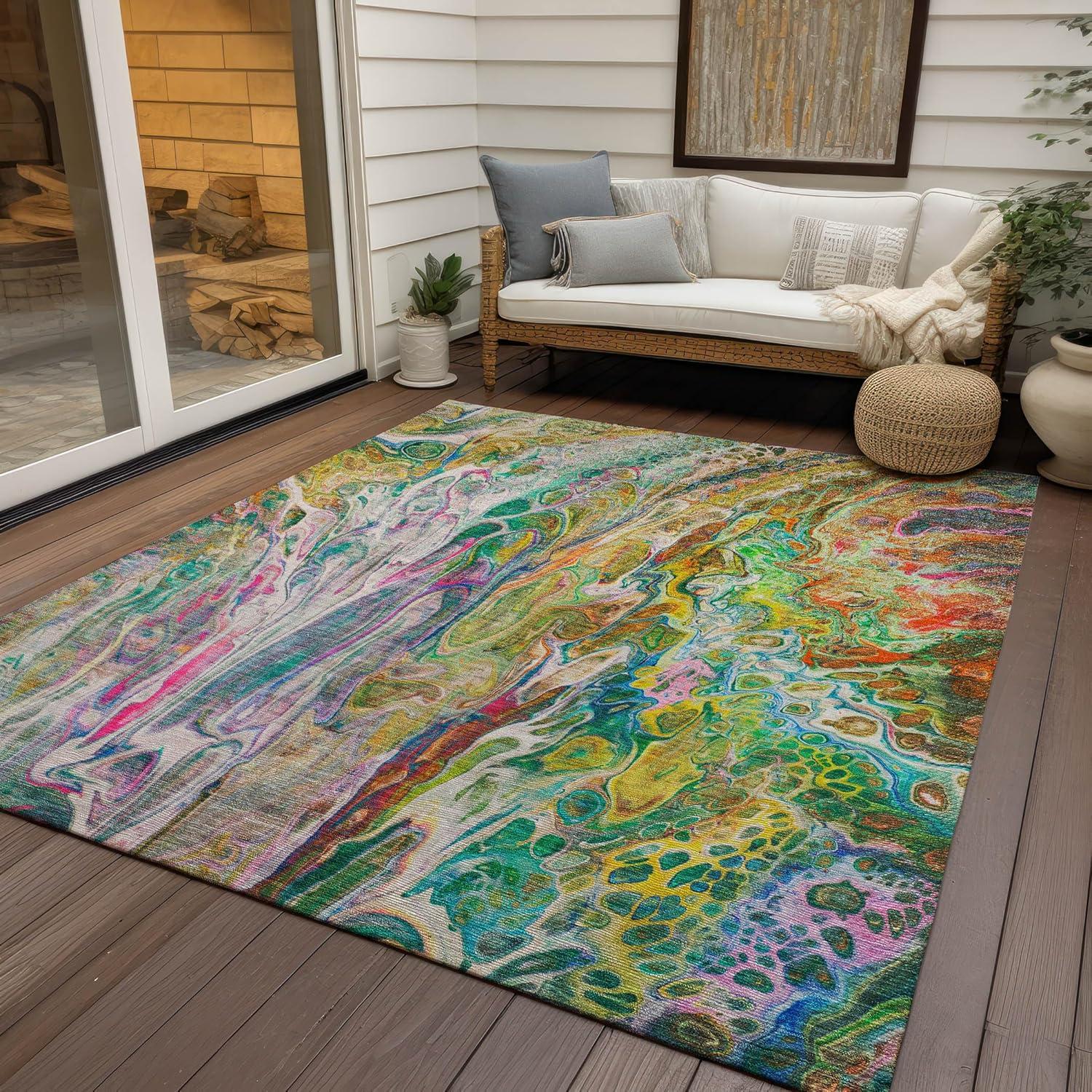 Green Abstract Synthetic 8' x 10' Washable Area Rug