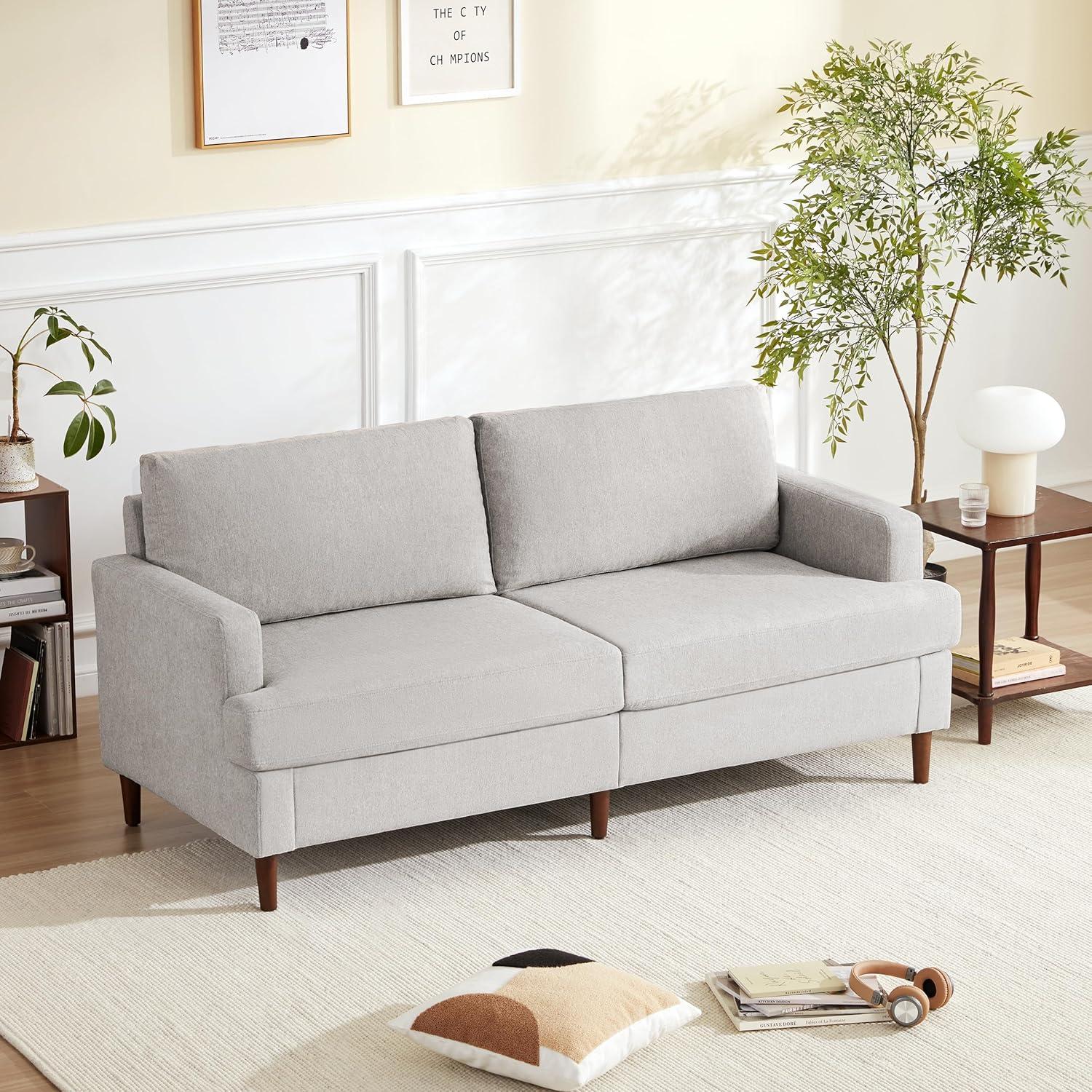 Light Grey Linen Mid Century Modern Loveseat with Solid Wood Legs