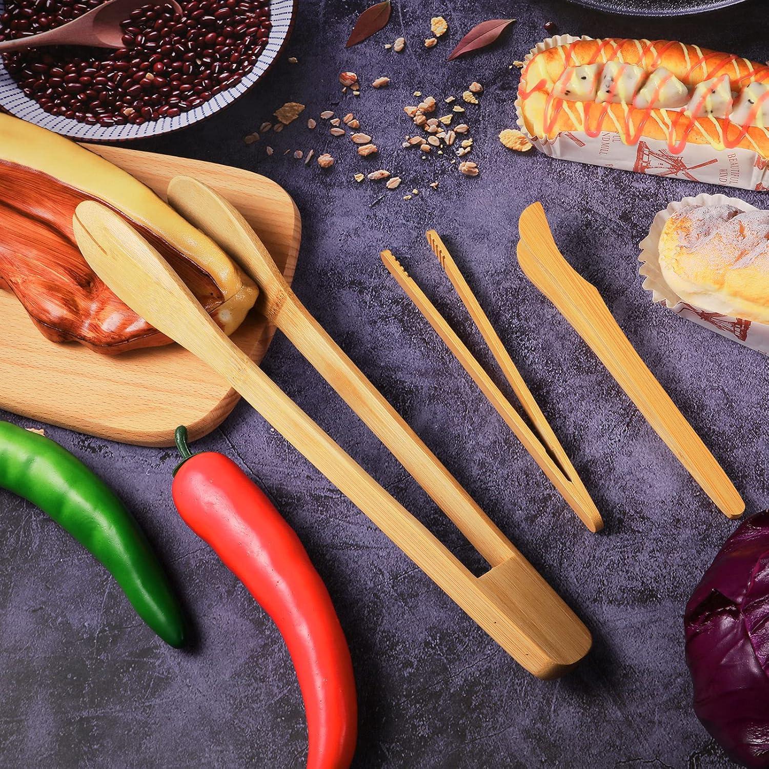 Zopeal 6 Pcs Bamboo Utensils for Cooking Wooden Toaster Tongs Long Kitchen Cooking Salad Tongs for Picking up Cheese Bacon Toast Cake Fruits Bread Spaghetti for Kitchen Women Men