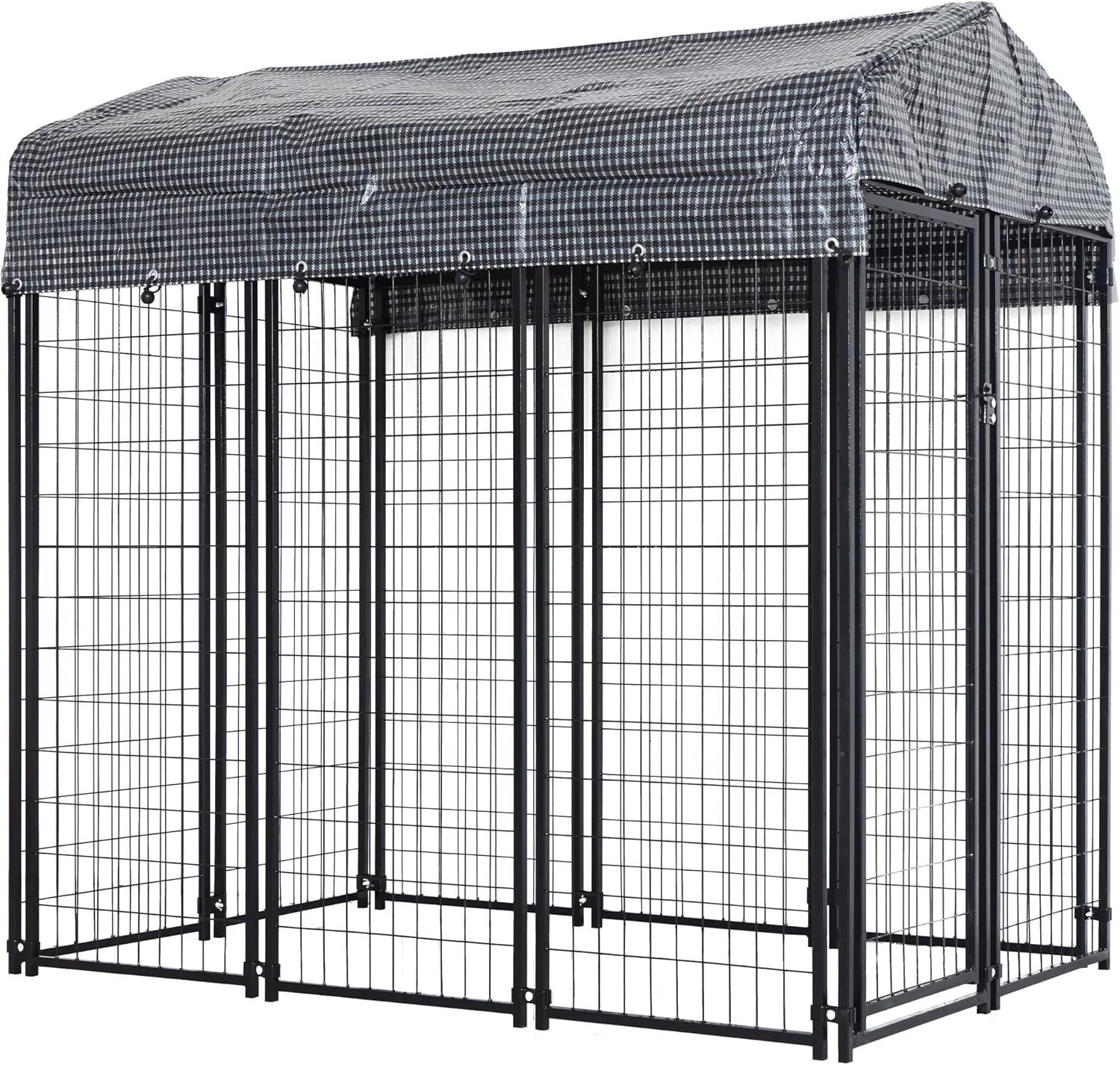 Large Black Metal Outdoor Dog Kennel with Roof Cover