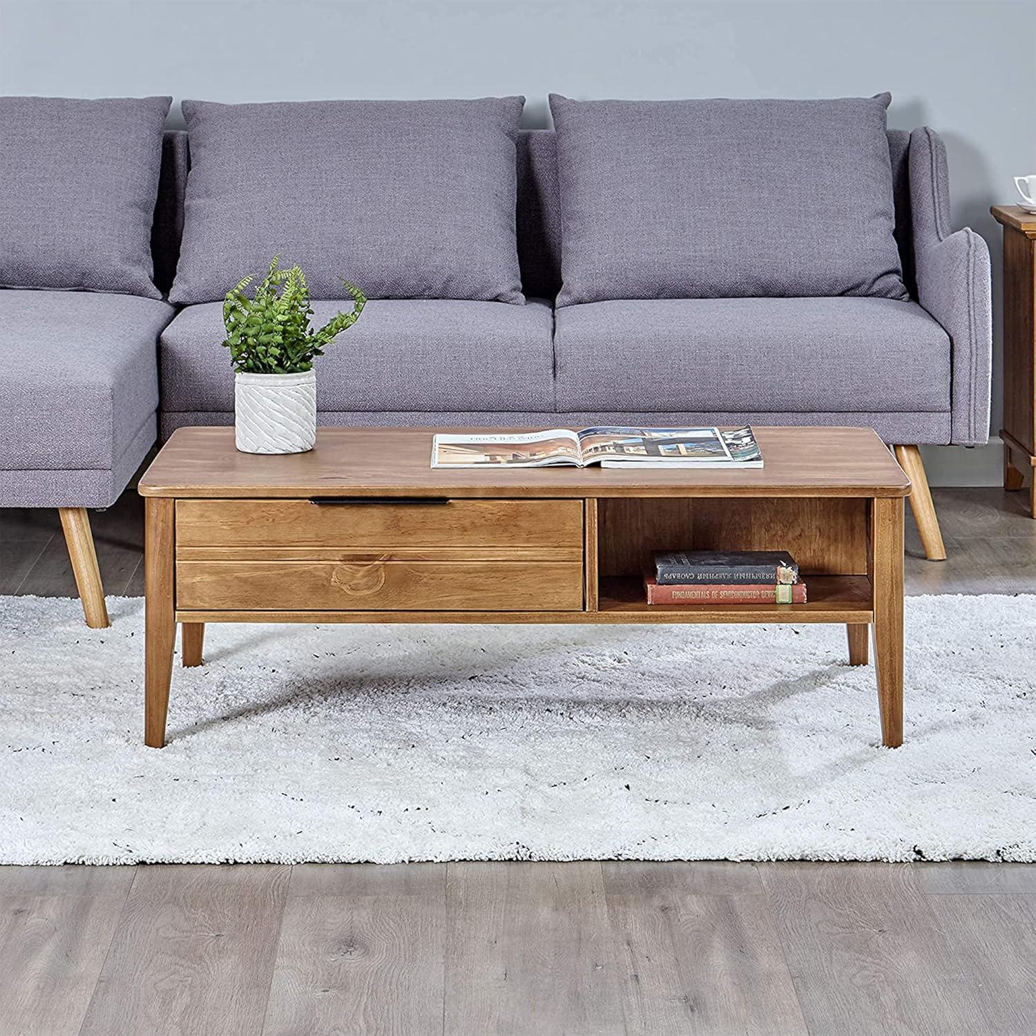 Honey Brown Mid-Century Modern Wood Coffee Table with Storage