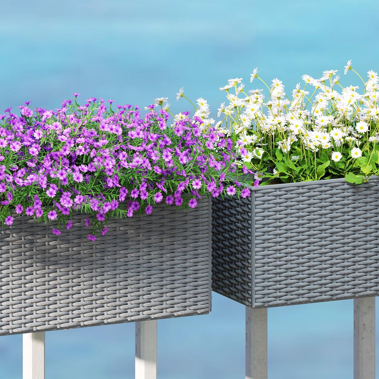 Outsunny Railing Planter Box (2 Pack, 20 Inch), Hanging Flower Pots with Hooks, Drainage Holes for Fence, Balcony, Garden, Patio, Rattan Look, Black