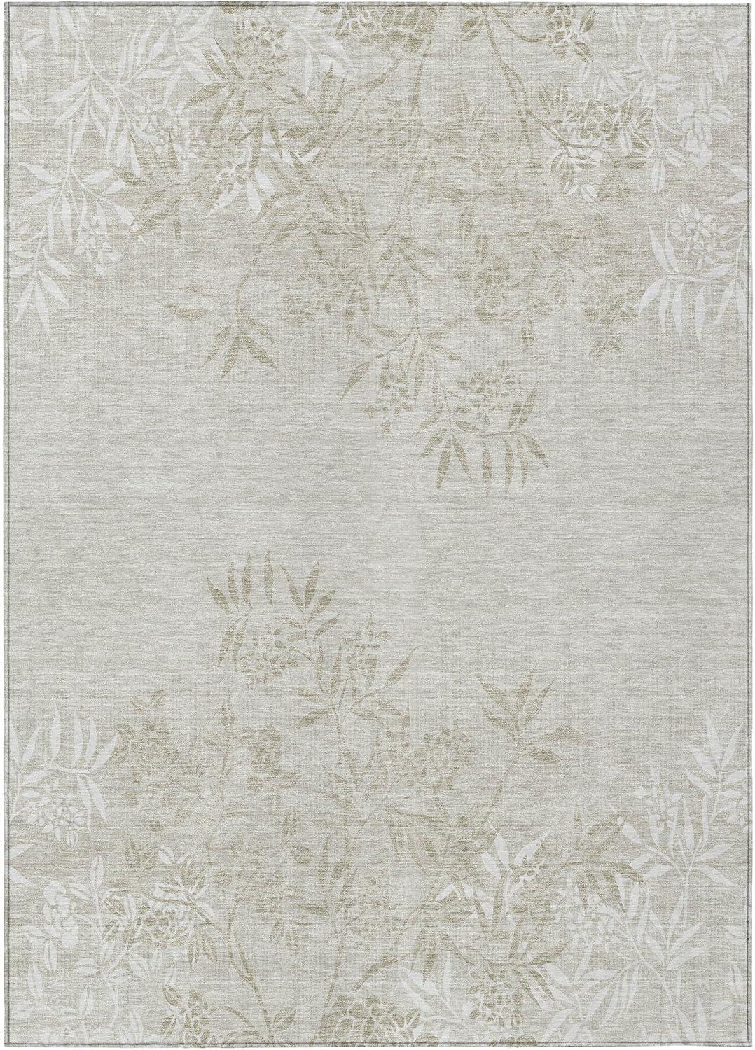 Beige Floral 10' x 14' Machine-Washable Indoor/Outdoor Area Rug