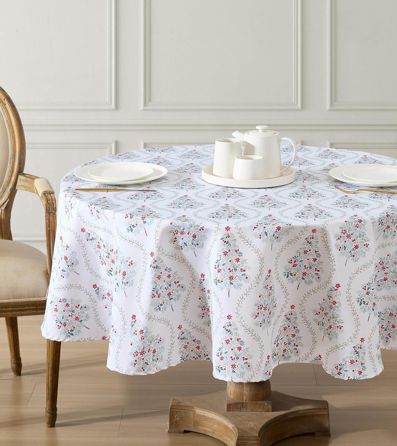 Laura Ashley Decorative Tablecloth, Wrinkle and Stain Resistant, Spillproof Water Repellent, Easy Care Washable Polyester Fabric for Dining, Kitchen, Holiday and Party, 70" Round, Tree Trellis