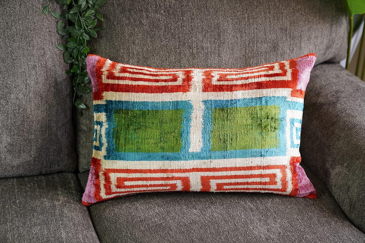 Handmade Luxury Velvet Throw Pillow with Down Feather Insert, 16"x24", Red, Green, Blue, and Cream Geometric Pattern, Decorative Cushion for Living Room, Bedroom, and Home Décor