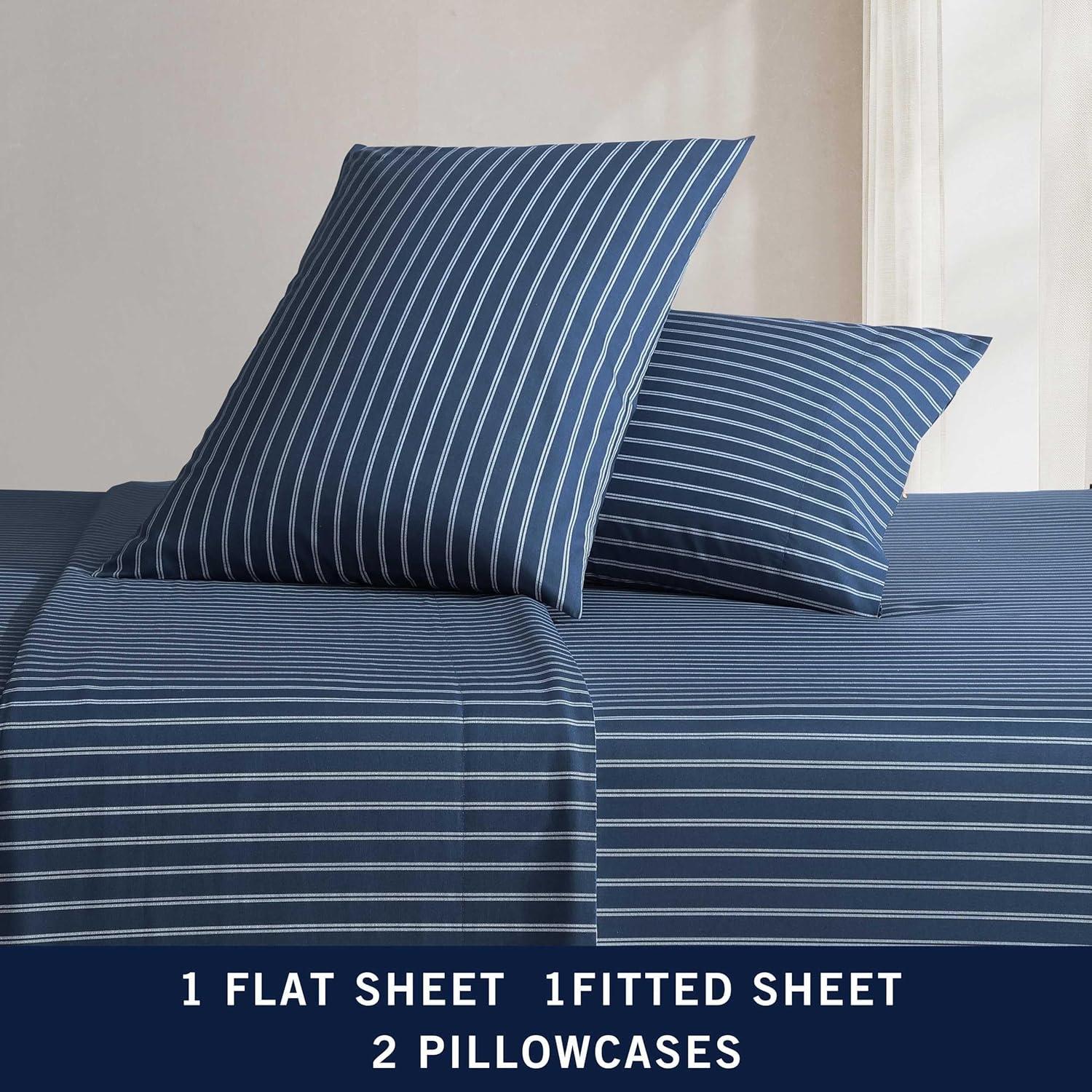 Nautica - Full Sheets, Premium Cotton Percale Bedding Set, Striped Bedding Set, Oeko-Tex Certified (Richmond Stripe Blue, Full)