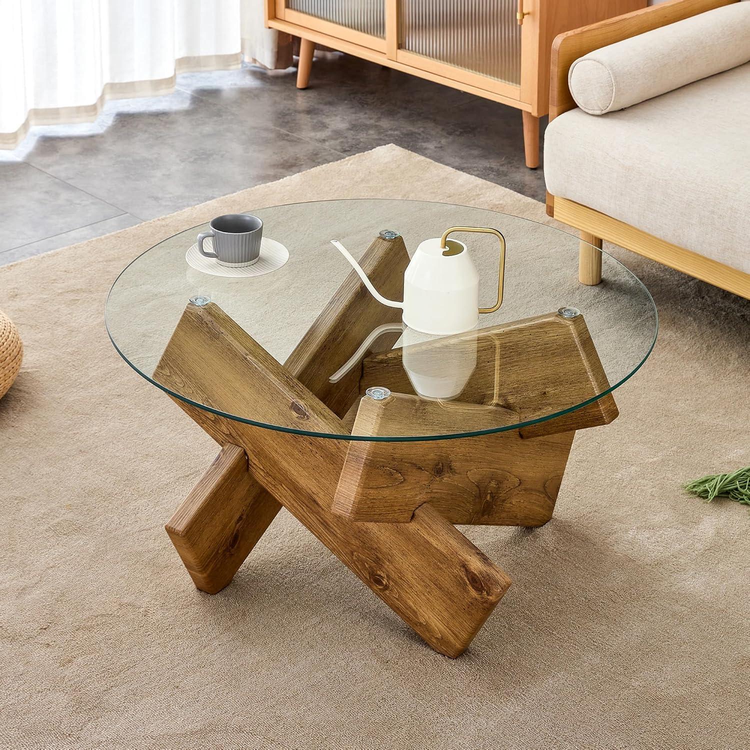 PAPROOS Round Coffee Table for Living Room, Modern Small Coffee Table with Tempered Glass Countertop and Patterned MDF Legs, Enter Table Side Table Glass Coffee Table, Easy Assembly, Natural Wood