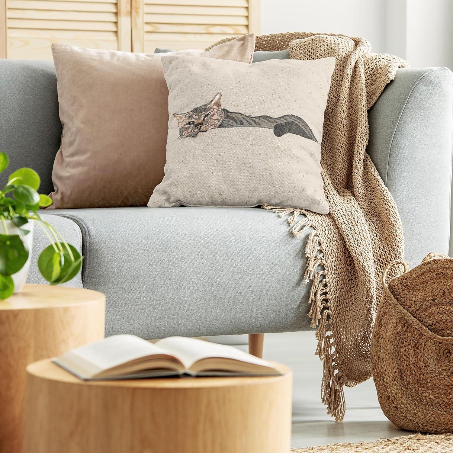 Cat Throw Pillow Cushion Cover, Lazy Sleepy Cat Figure in Earth Tones Cute Furry Mascot Indoor Pet Art Illustration, Decorative Square Accent Pillow Case, 16 X 16 Inches, Grey Beige, by Ambesonne