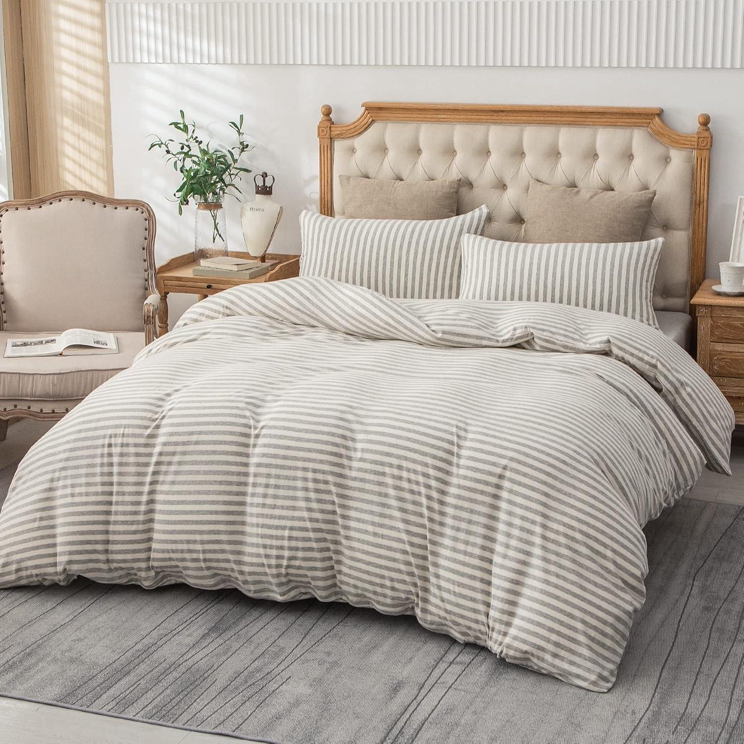 Pure Era Jersey Knit Duvet Cover Set 3pc Comfy Bedding Set(Grey & White Stripe, King)