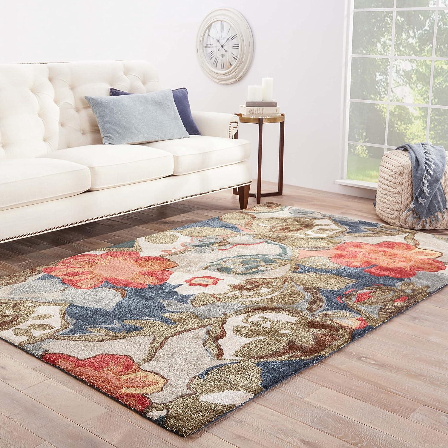 Hand-Tufted Blue Floral Wool Area Rug 5' x 8'