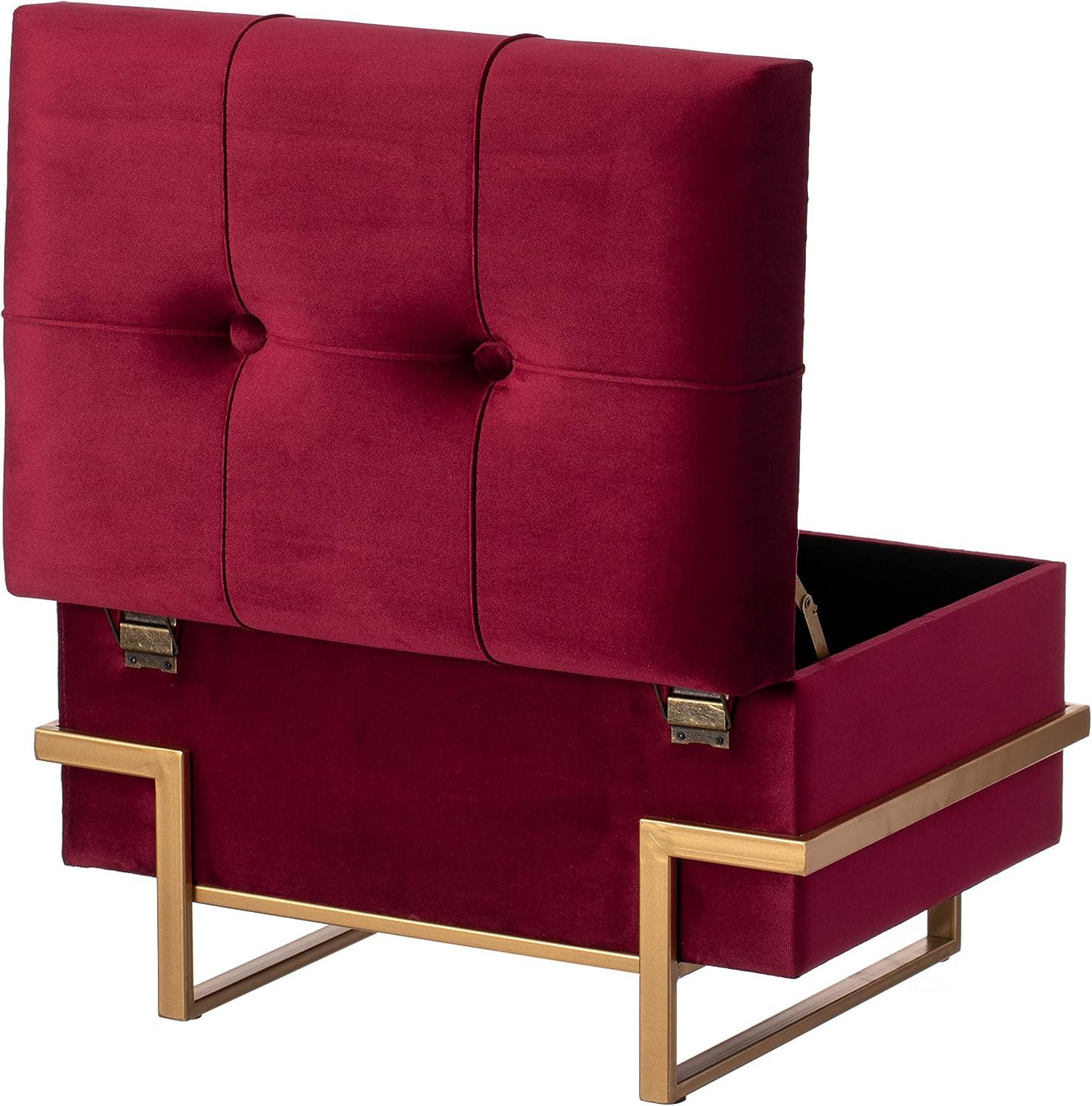 Velvet Red Storage Ottoman with Golden Abstract Legs