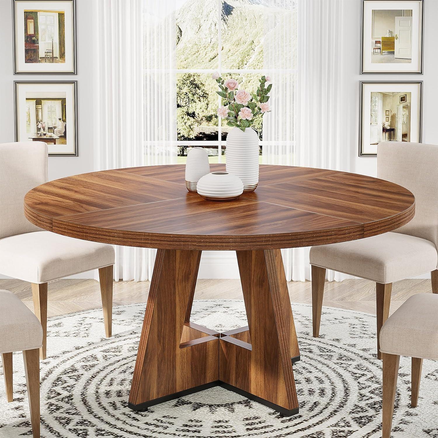 Farmhouse Dining Table, 47 Inch Round Dinner Table for 4, Round Dining Room Table for Home Dining Room Living Room (Brown)