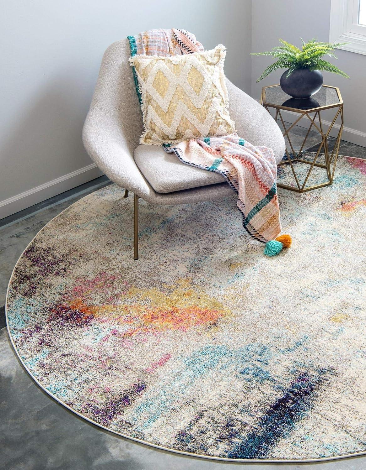 Chromatic Round Multicolor Abstract Stain-Resistant Rug