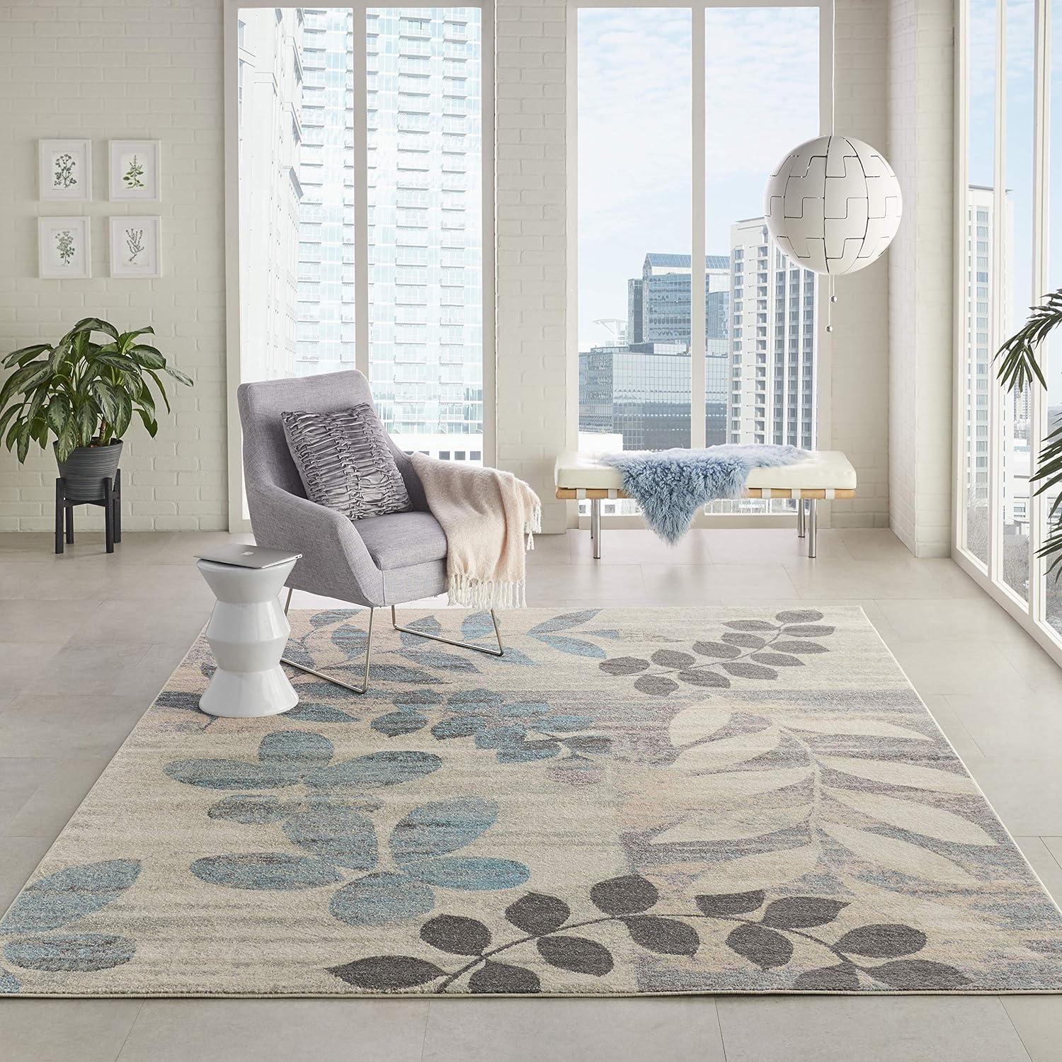 Serene Botanical Ivory & Light Blue 8'10" x 11'10" Viscose Area Rug