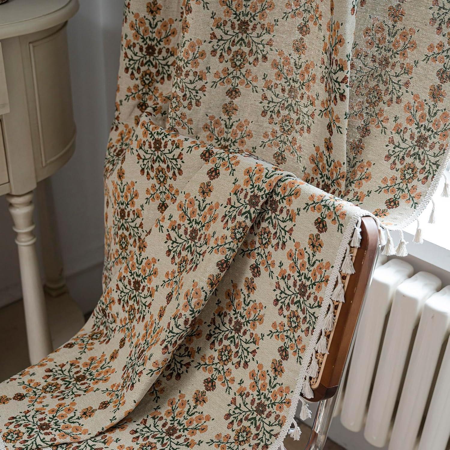 Floral Curtains 63 Inch Length 2 Panels Vintage Flower Patterned Drapes Boho Short Semi Sheer Tassel Rustic Country Rod Pocket Botanical Farmhouse Window Curtain Panels for Bedroom Living Room