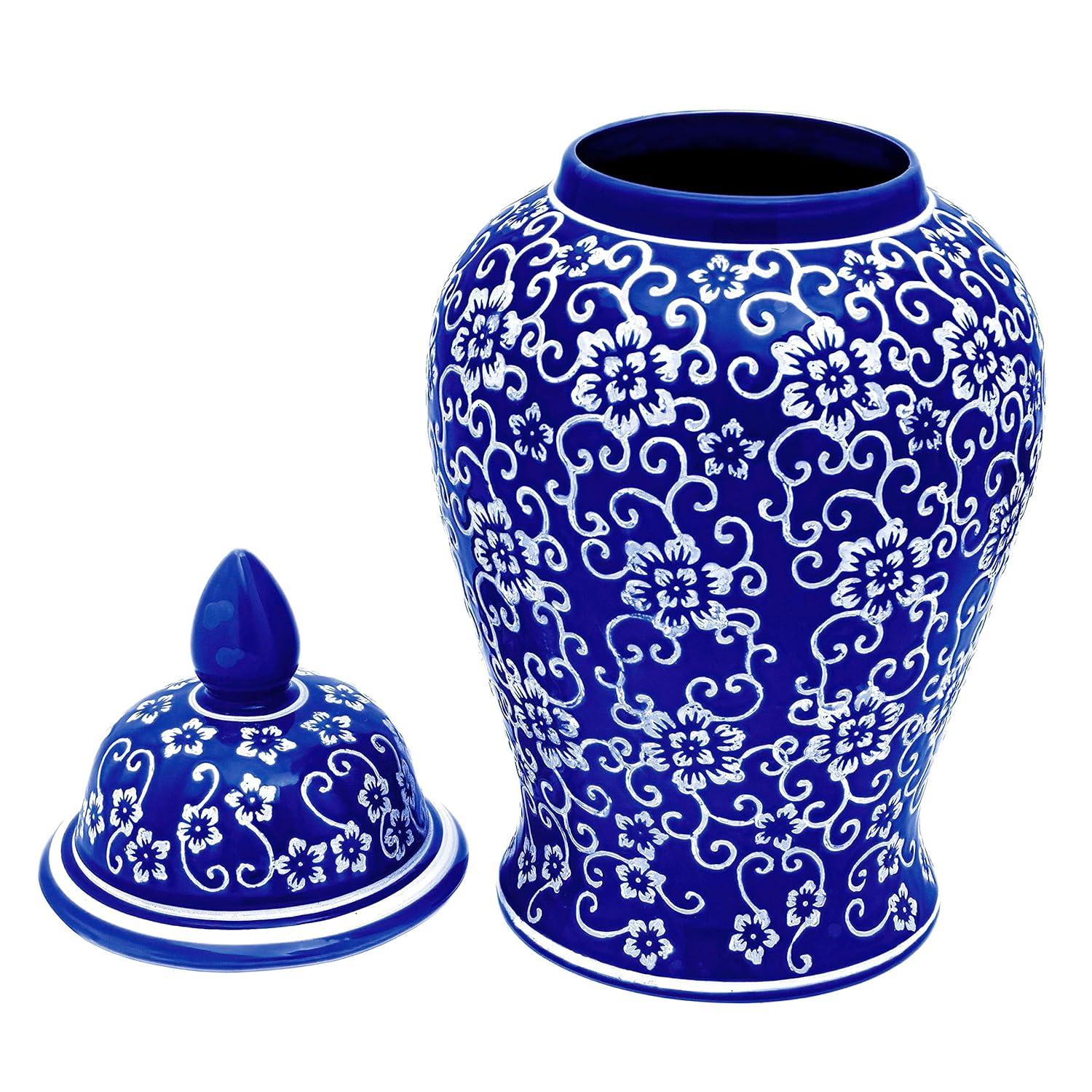 18" White Flowers on Blue Temple Jar