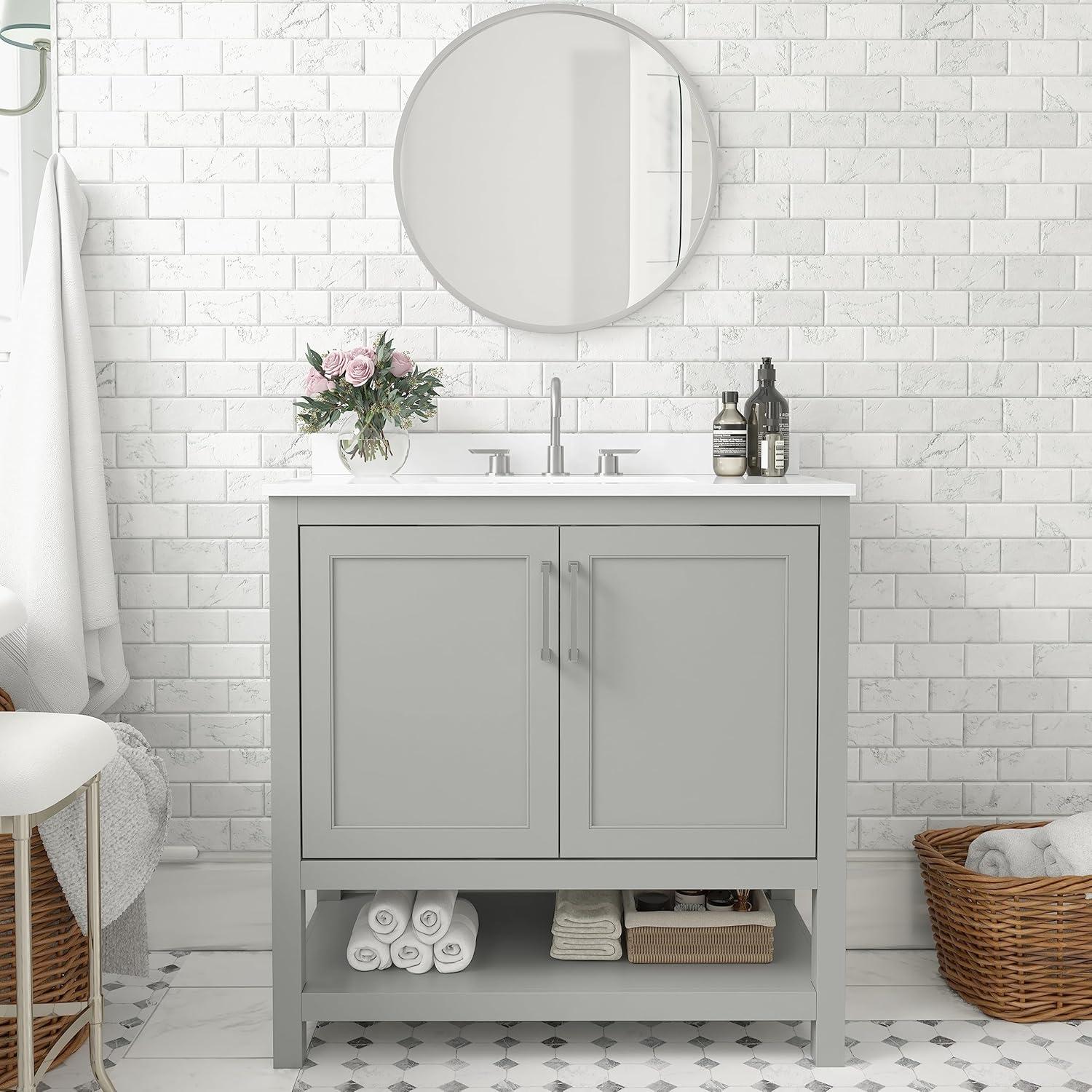 Vivien 36" Gray Bathroom Vanity with Carrara Marble and Ceramic Sink