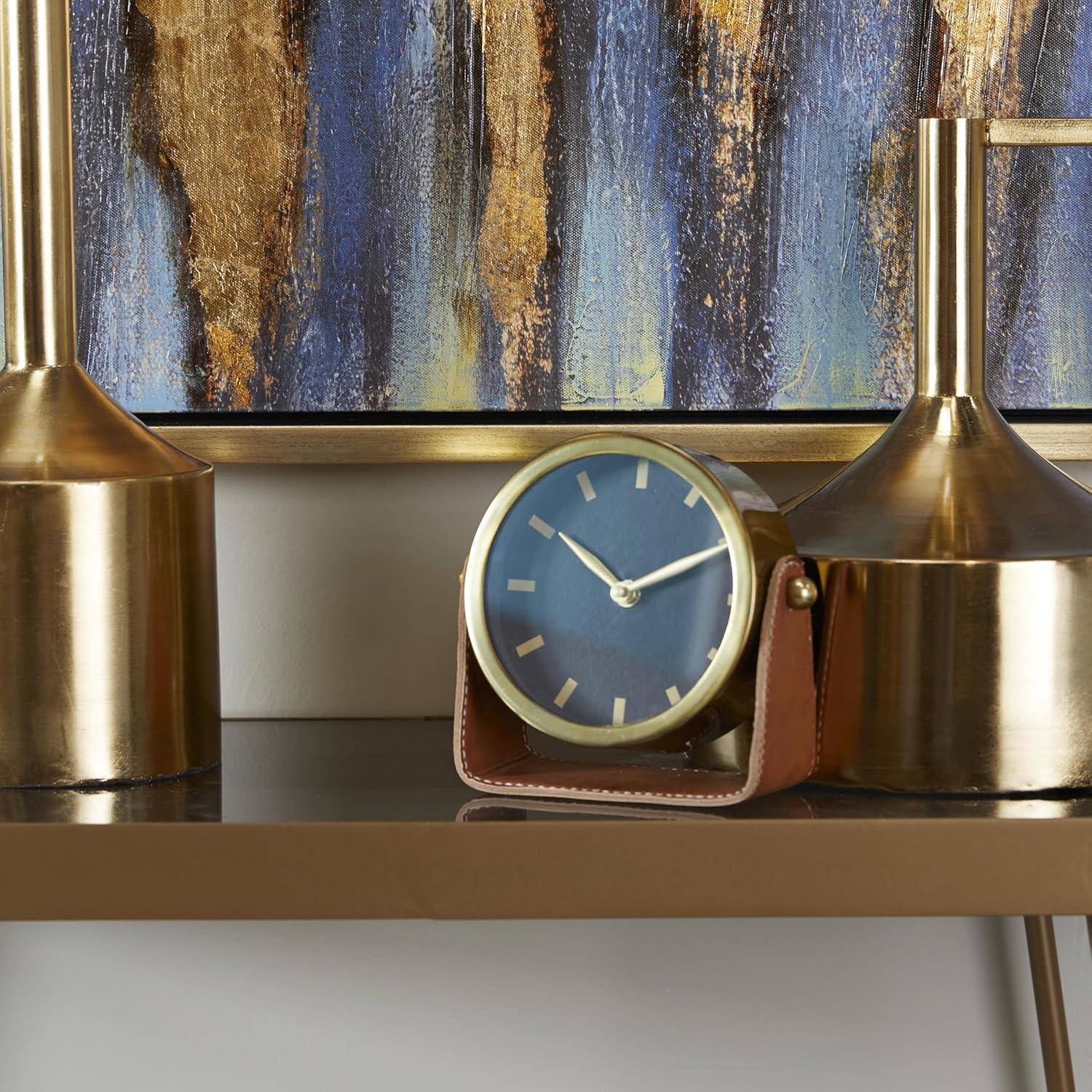 Deco 79 Stainless Steel Metal Clock with Leather Stand, 6" x 3" x 6", Gold